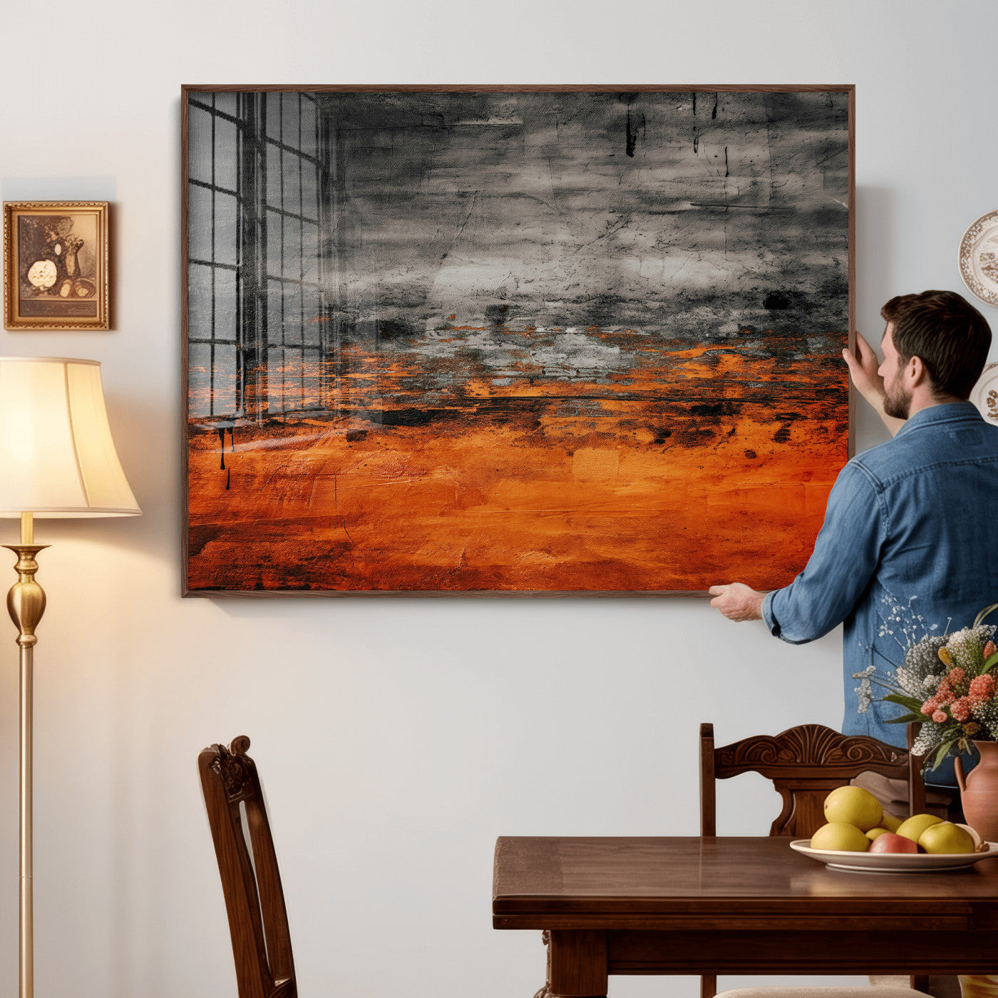 75409282-MGV-CV-36X24 - Black Orange Abstract Wall Art Canvas Print Modern Textured Painting Decor