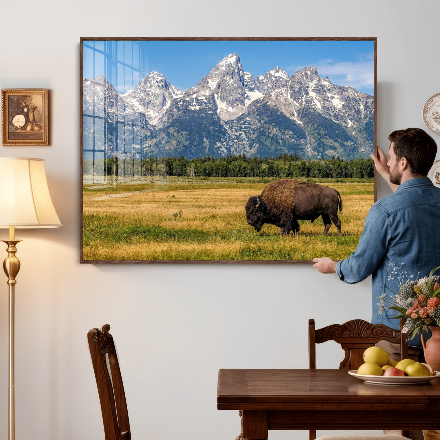 20424529-MGV-CV-36X24 - Bison in Mountain Landscape Wall Art Canvas Print – Western Wildlife Artwork for Rustic Living Room Decor