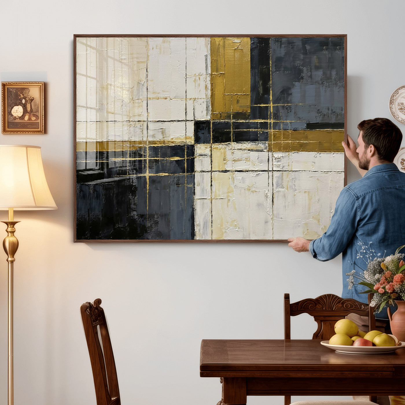 36097945-MGV-CV-36X24 - Abstract Gold and Black Wall Art Canvas Print – Modern Geometric Neutral Artwork for Living Room Decor