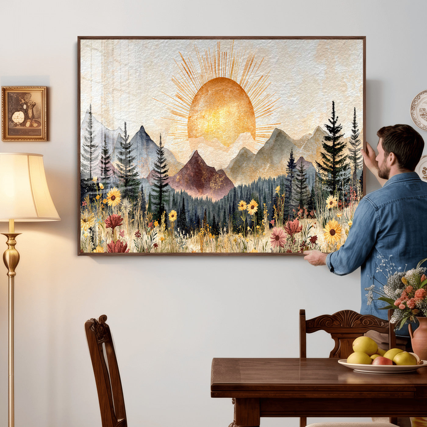 69025244-MGV-CV-36X24 - Boho Mountain Landscape Large Wall Art, Horizontal Gold Framed Canvas Print with Sun and Flowers