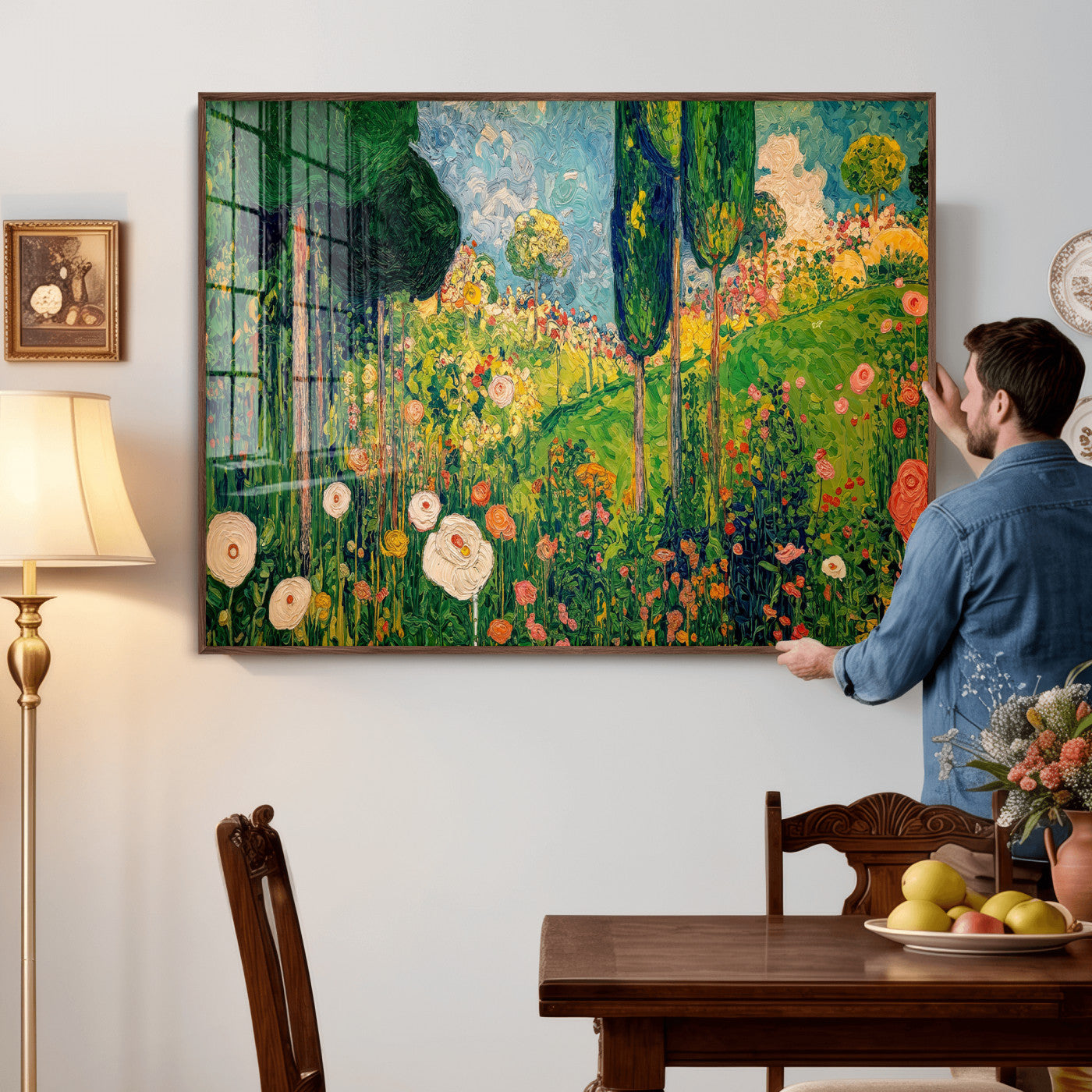 83517974-MGV-CV-36X24 - Gustav Klimt Boho Mountain Landscape Large Wall Art, Horizontal Gold Framed Canvas Print with Sun and Flowers