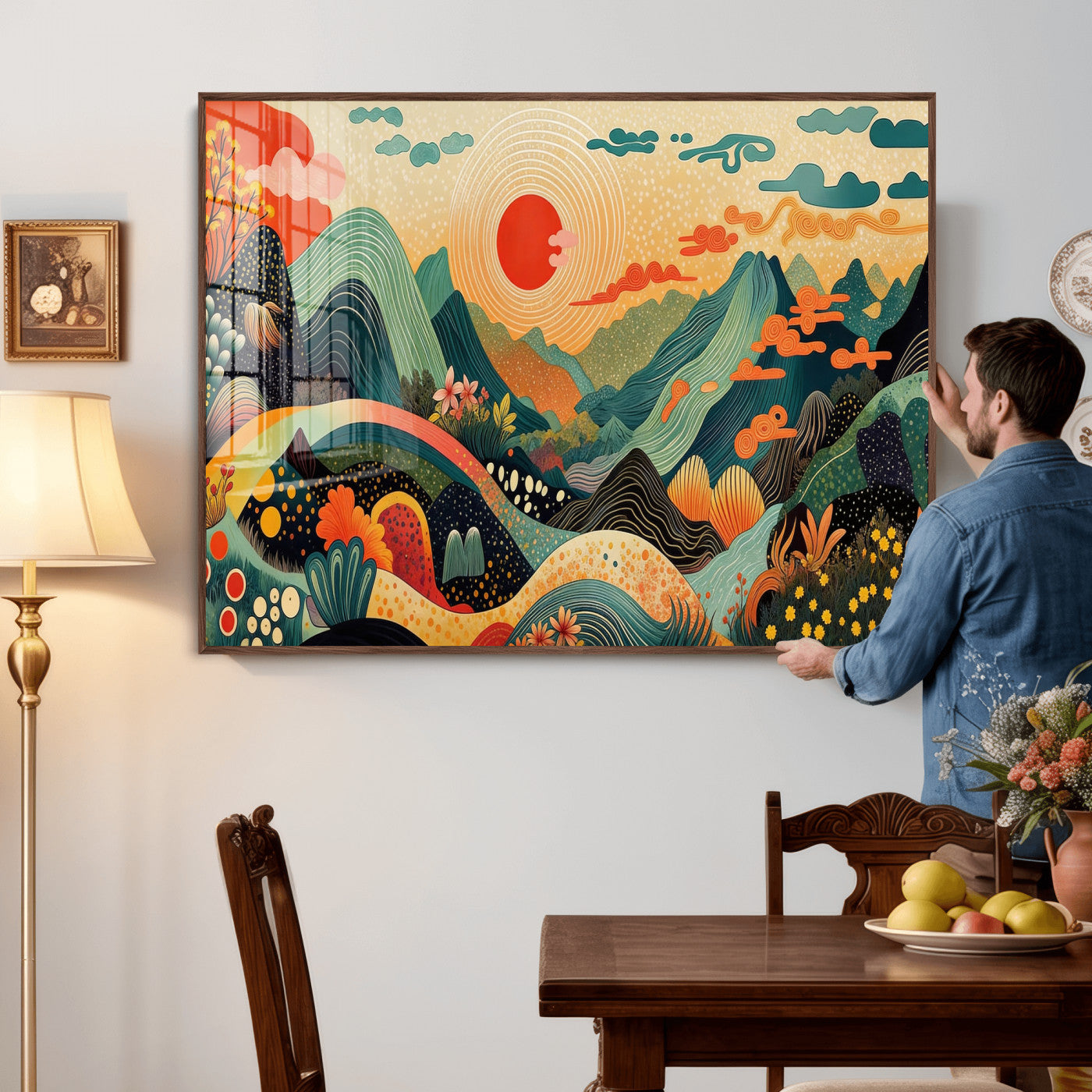 29927191-MGV-CV-36X24 - Yayoi Kusama Boho Mountain Landscape Large Wall Art, Horizontal Gold Framed Canvas Print with Sun and Flowers