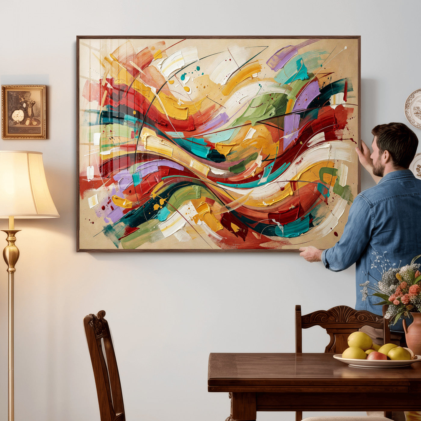 39887645-MGV-CV-36X24 - Geometric Abstract Wall Art Canvas Print, Orange Blue Abstract Expressionist Painting Print, Modern Geometric Abstract Canvas Art