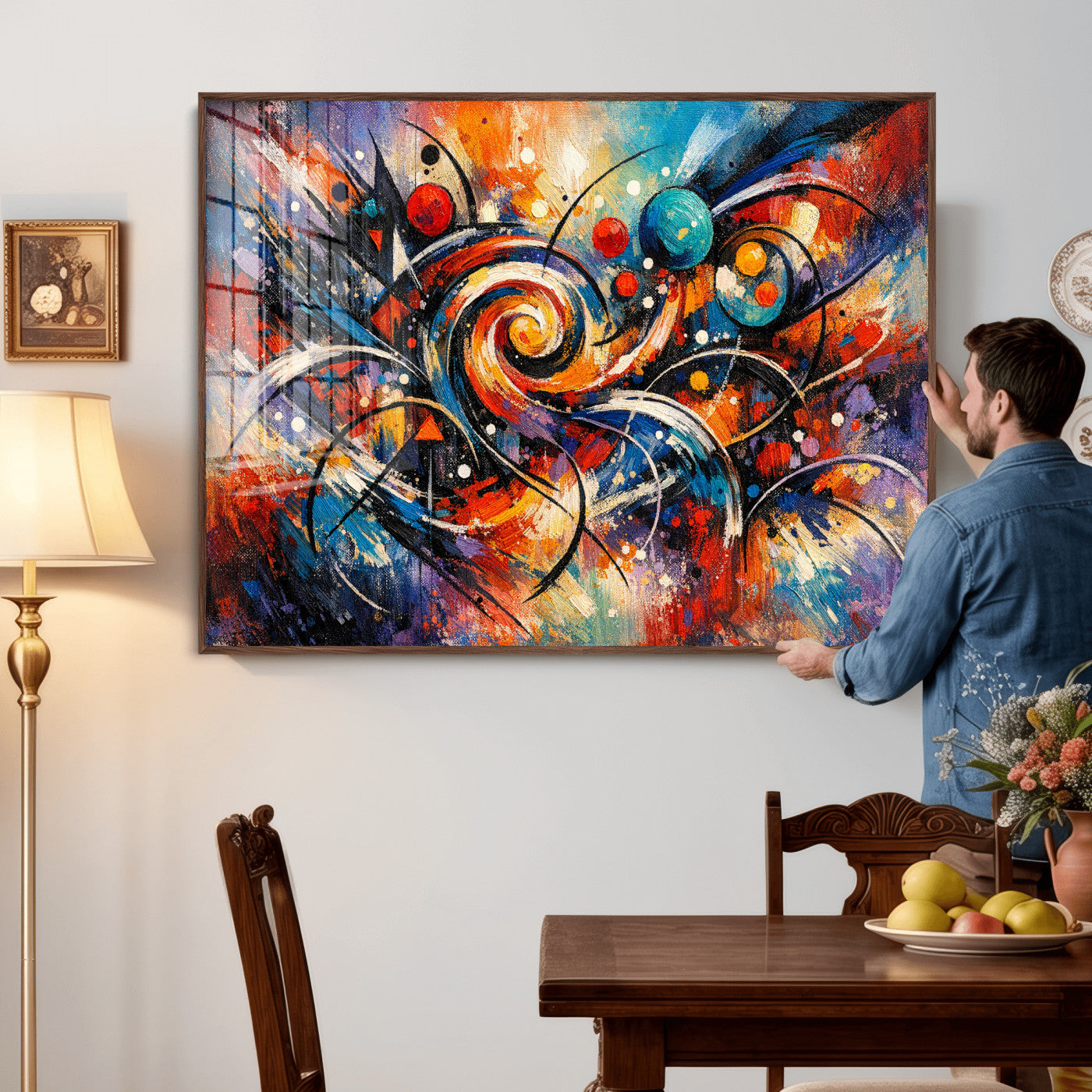 60193267-MGV-CV-36X24 - Geometric Abstract Wall Art Canvas Print, Orange Blue Abstract Expressionist Painting Print, Modern Geometric Abstract Canvas Art