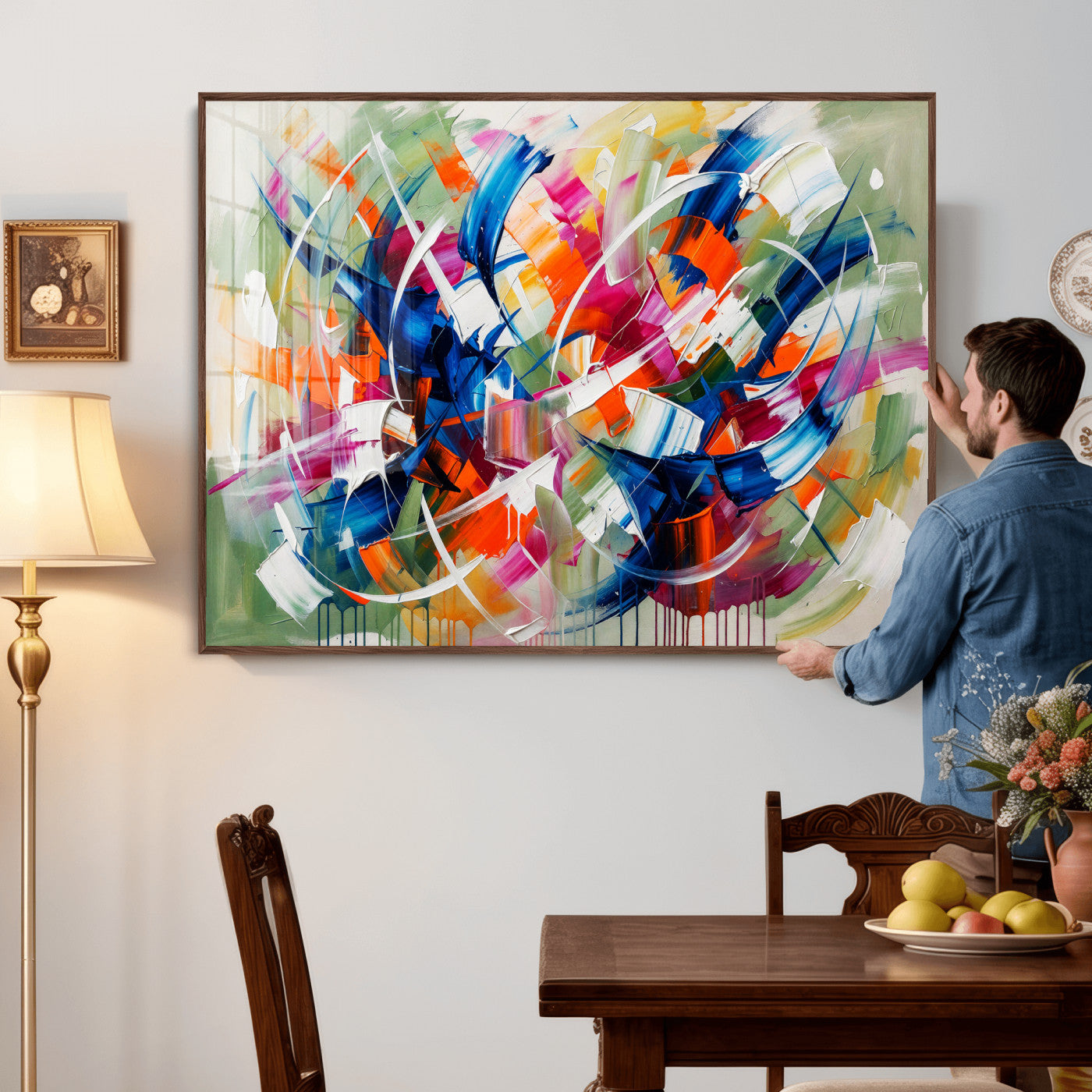 15032888-MGV-CV-36X24 - Geometric Abstract Wall Art Canvas Print, Orange Blue Abstract Expressionist Painting Print, Modern Geometric Abstract Canvas Art
