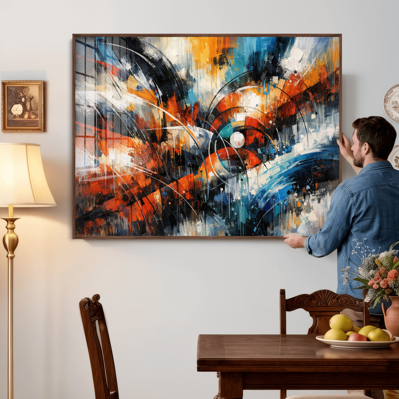 47120691-MGV-CV-36X24 - Geometric Abstract Wall Art Canvas Print, Orange Blue Abstract Expressionist Painting Print, Modern Geometric Abstract Canvas Art