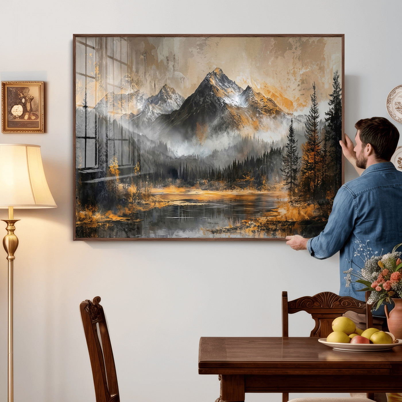 4712069D1-MGV-CV-36X24 - Mountain Lake Canvas Wall Art — Rustic Forest Landscape Print | Gold Grey Nature Decor | Cabin Wall Art | Large Wilderness Art Print Gift