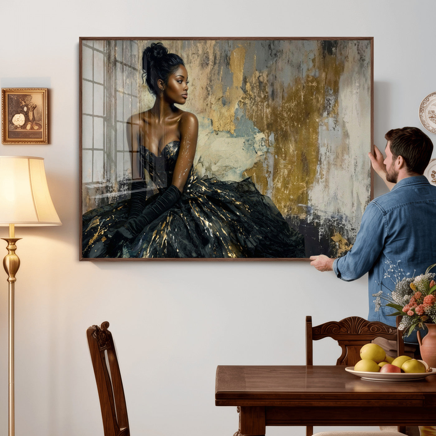 4712069Z1-MGV-CV-36X24 - Elegant Woman Canvas Wall Art — Black Gold Gown Fashion Print | Luxury Glam Wall Decor | African American Art | Bold Bedroom Wall Art Gift