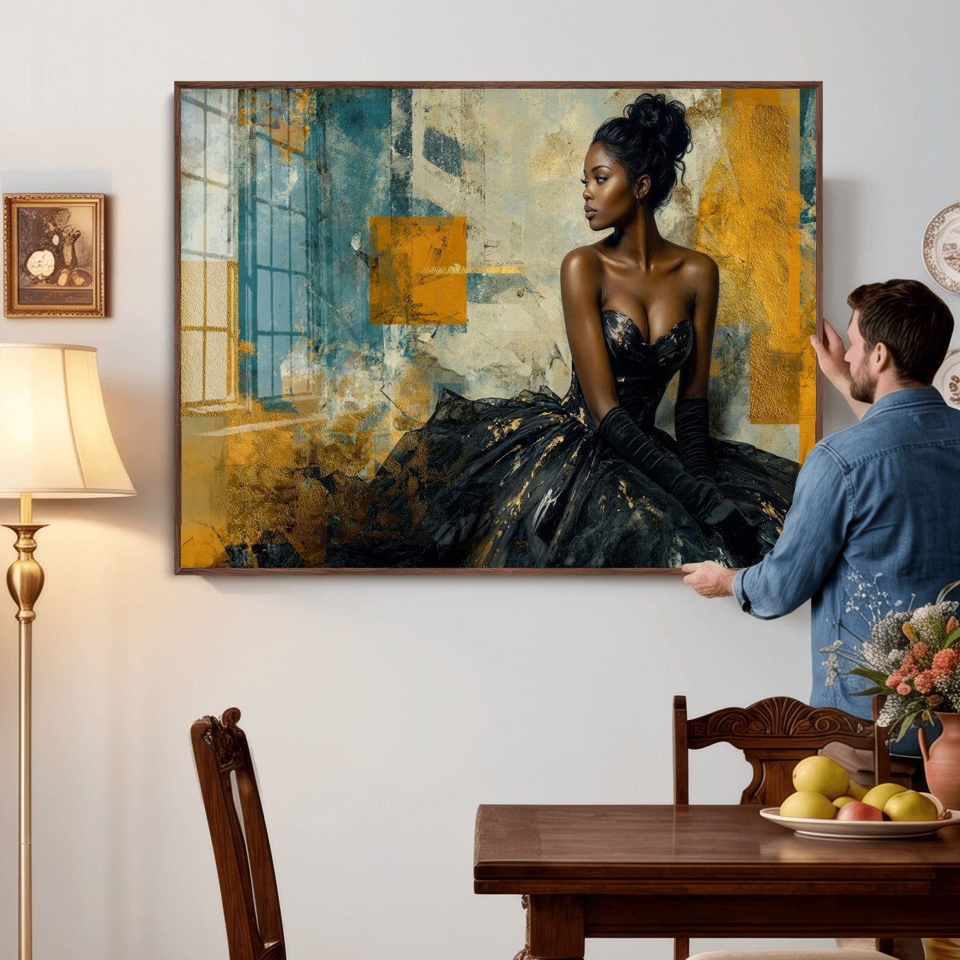 4712069Z21-MGV-CV-36X24 - Elegant Woman Canvas Wall Art — Black Gold Gown Fashion Print | Luxury Glam Wall Decor | African American Art | Bold Bedroom Wall Art Gift