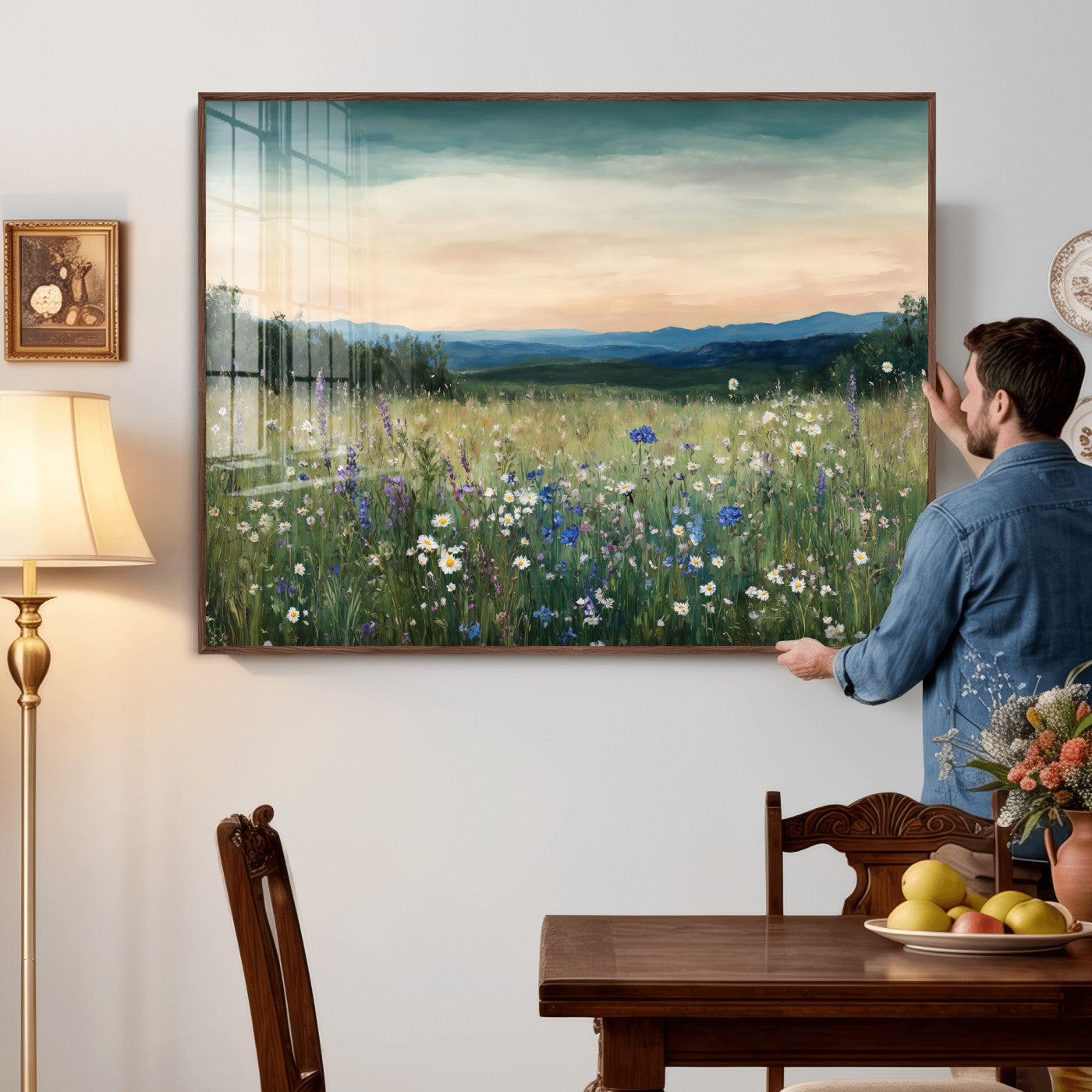 35773805-MGV-CV-36X24 - Wildflower Meadow Oil Painting Canvas — Daisy Lavender Mountain Sunset Print | Cottagecore Floral Wall Art | Bedroom Decor Gift for Her