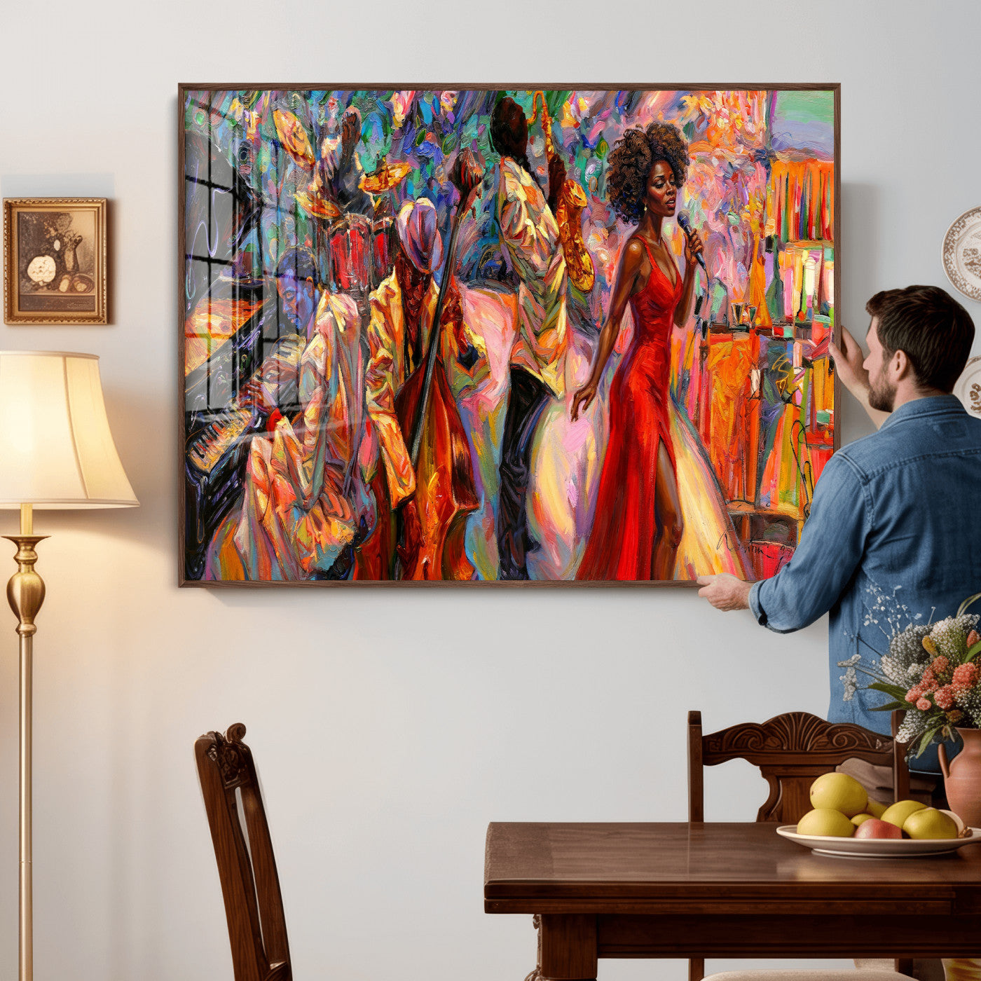 72615137-MGV-CV-36X24 - African American Jazz Singer Canvas Art - Red Dress Black Woman Music Print | Colorful Jazz Band Wall Decor | Living Room Gift for Her