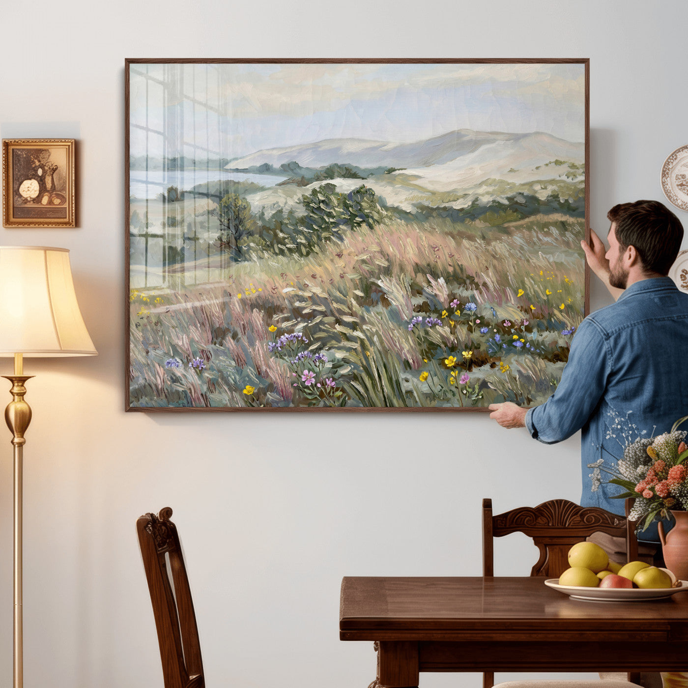 18013232-MGV-CV-36X24 - Katie Staples Hillside Canvas Wall Art — Coastal Wildflower Dune Oil Painting Print | Muted Green Nature Decor | Plein Air Landscape Gift