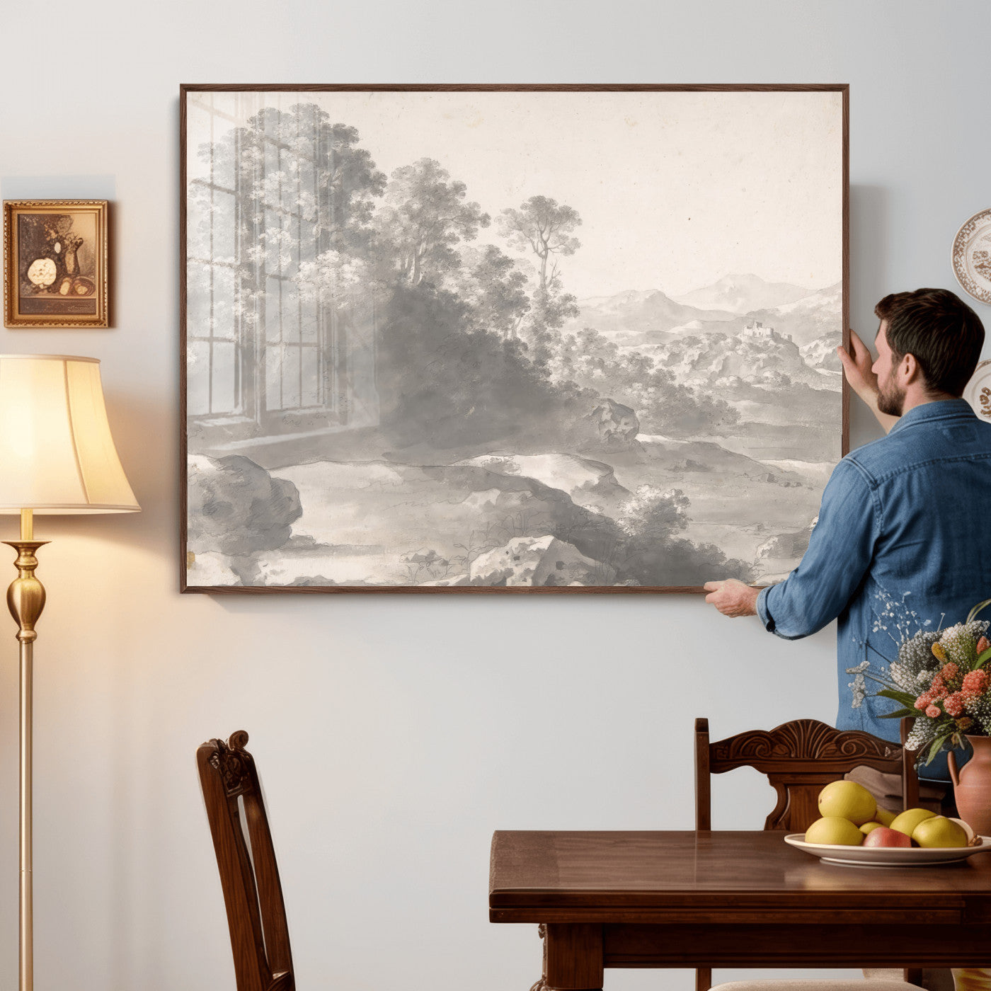 33041209-MGV-CV-36X24 - Van Poelenburch Landscape Canvas Wall Art — Dutch Golden Age Gray Wash Drawing Print | Baroque Italianate Nature Decor | Old Master Classic Gift