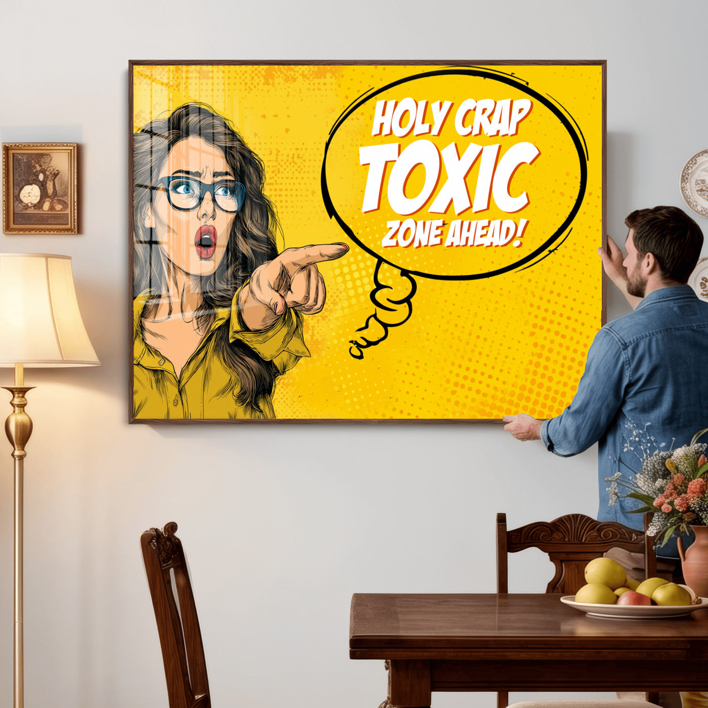 79751885-MGV-CV-36X24 - Pop Art Print Bathroom Sign Wall Art Canvas Print — Funny Bathroom Canvas | Comic Style Toilet Wall Decor | Humor Gift | Yellow Bold Bathroom Art