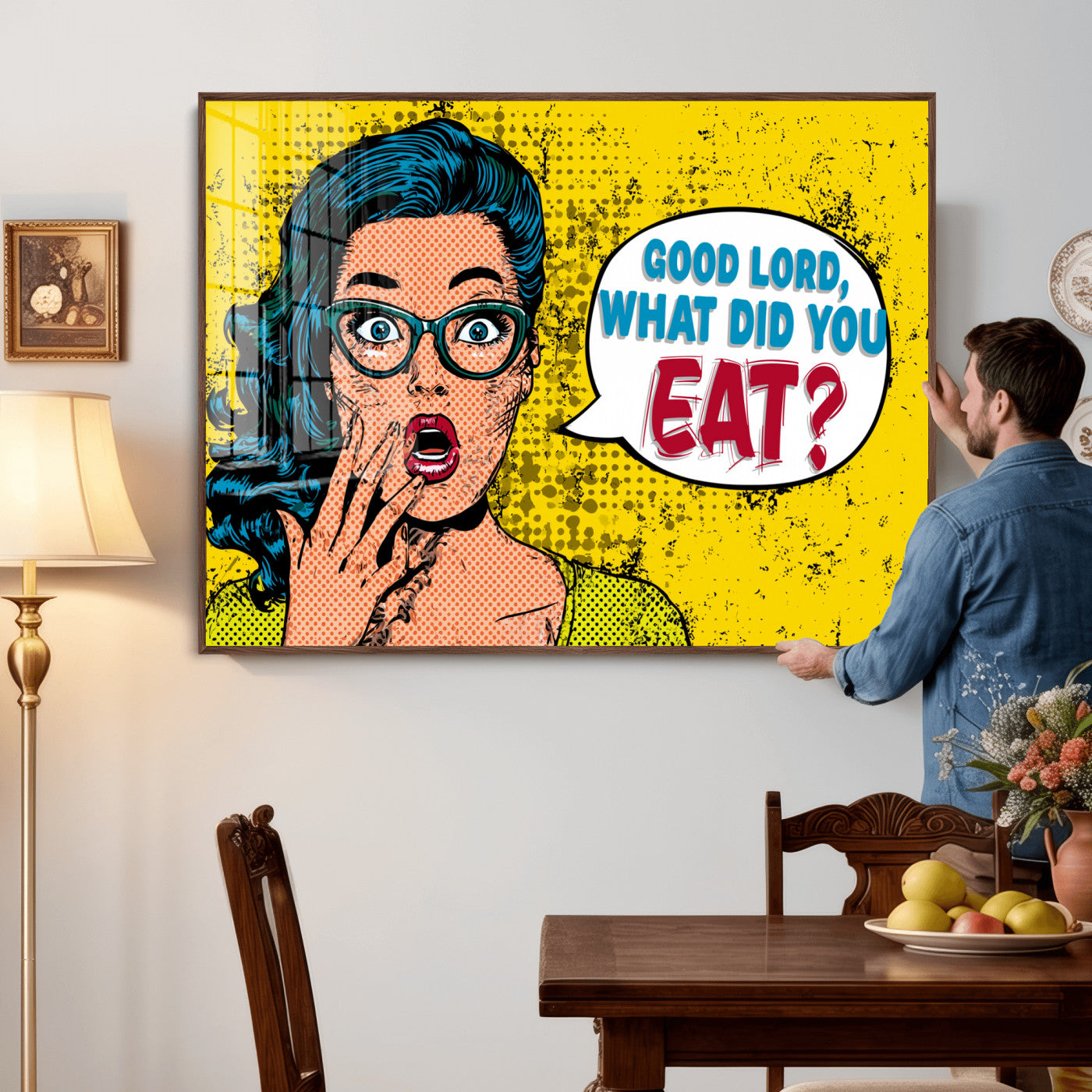 88217969-MGV-CV-36X24 - Pop Art Print Bathroom Sign Wall Art Canvas Print — Funny Bathroom Canvas | Comic Style Toilet Wall Decor | Humor Gift | Yellow Bold Bathroom Art