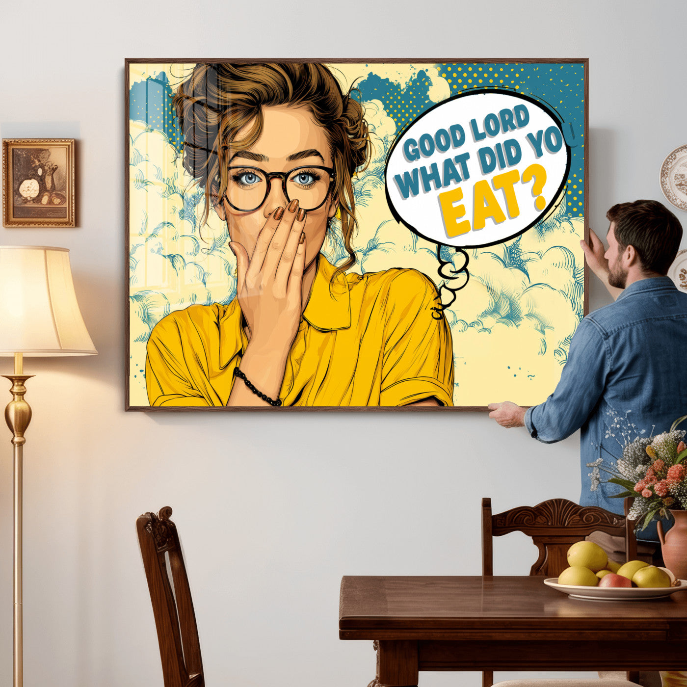 35819669-MGV-CV-36X24 - Pop Art Print Bathroom Sign Wall Art Canvas Print — Funny Bathroom Canvas | Comic Style Toilet Wall Decor | Humor Gift | Yellow Bold Bathroom Art
