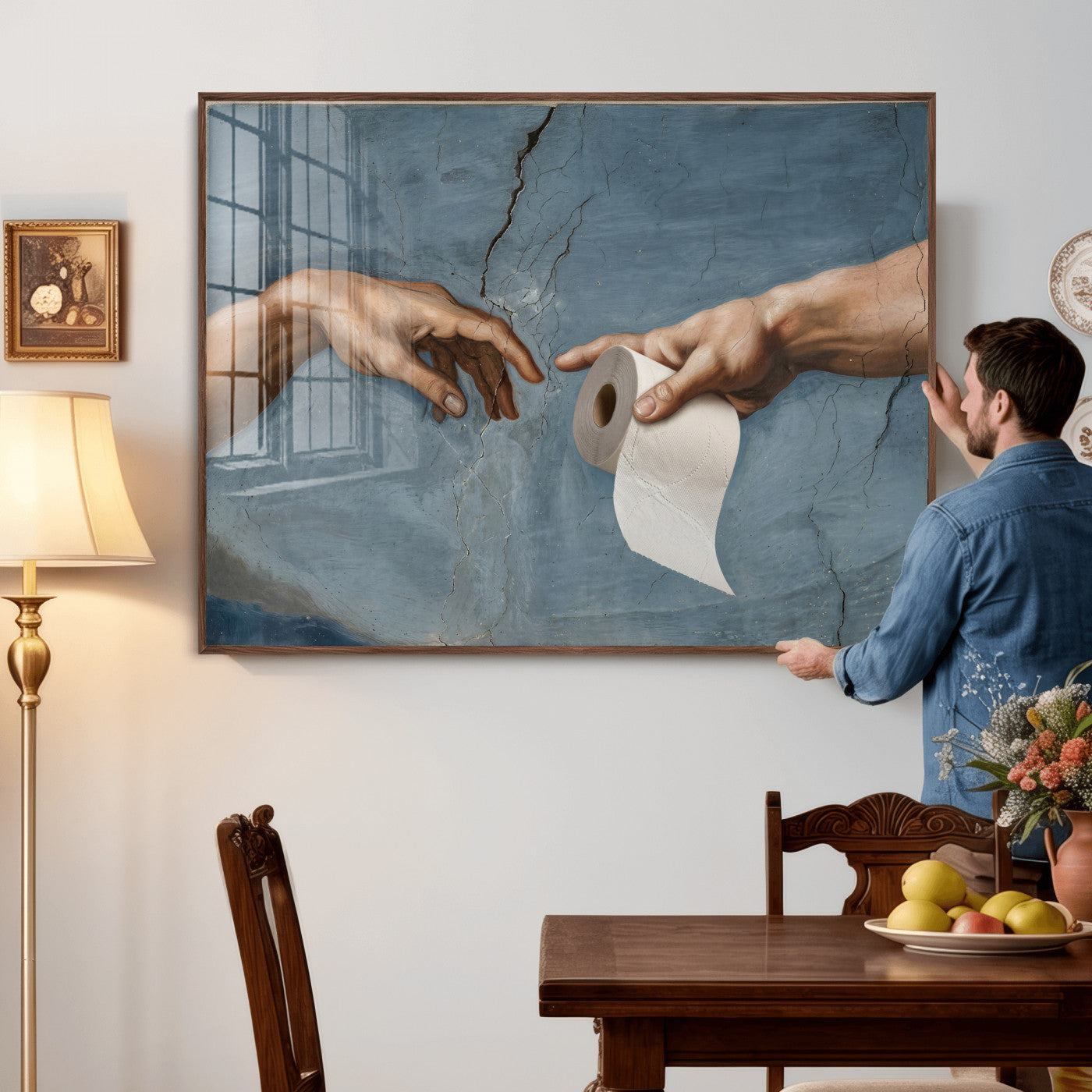 42648143-MGV-CV-36X24 - Funny Bathroom Canvas Wall Art, Michelangelo Creation of Adam Toilet Paper Parody, Renaissance Humor Print, Quirky Housewarming Gift, Toilet Room Decor