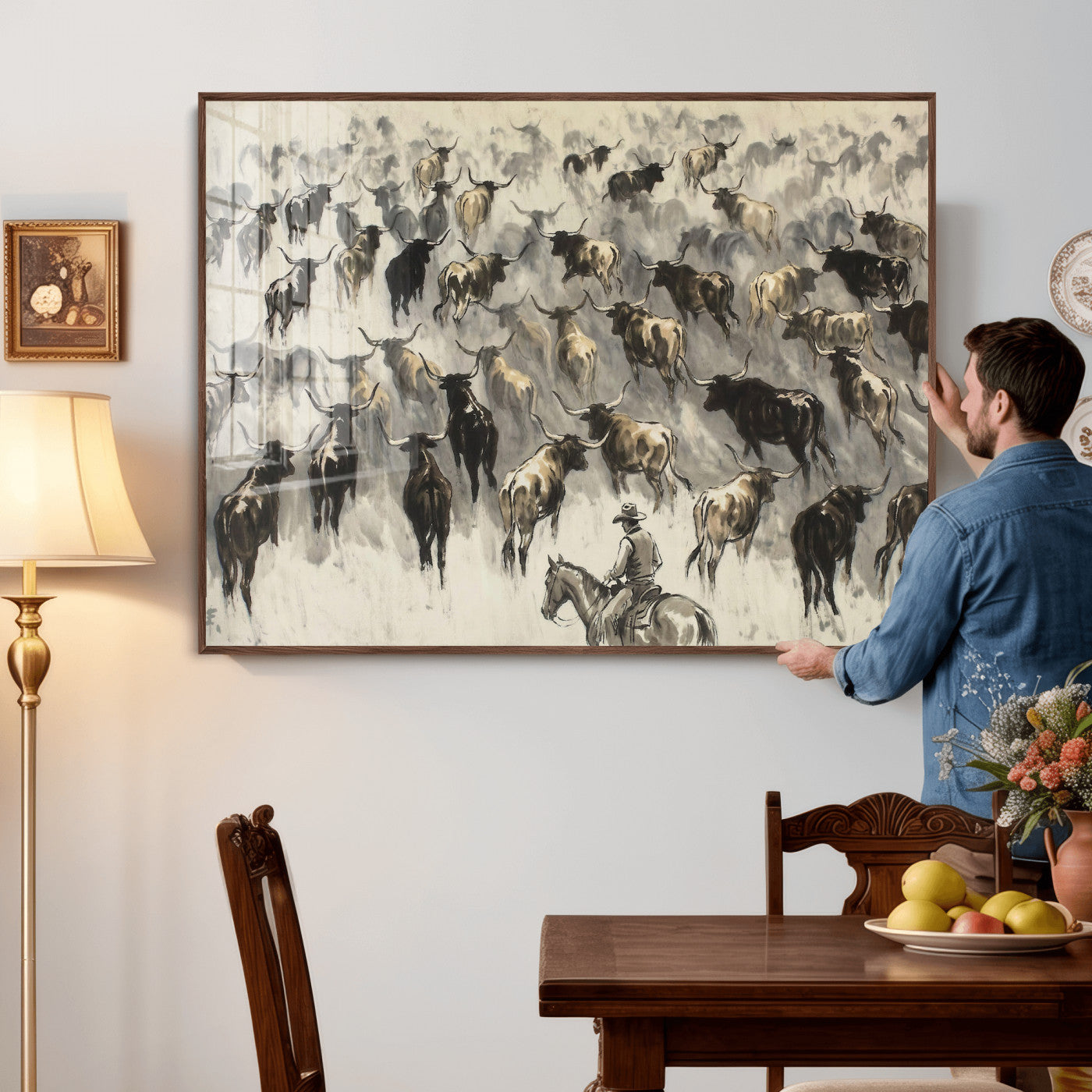 48049876-MGV-CV-36X24 - Cowboy Cattle Drive Canvas Wall Art, Western Longhorn Herd Ink Painting Print, Ranch Rodeo Decor, Black White Western Art, Large Living Room Art