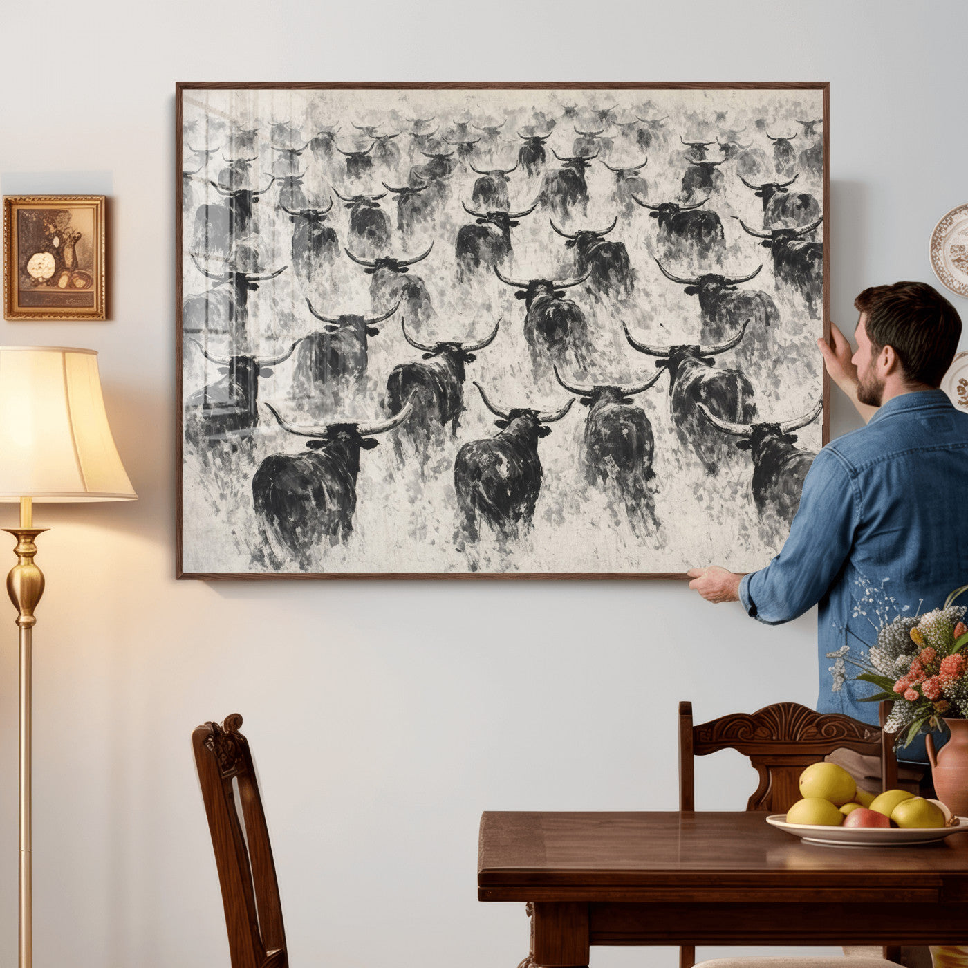 73328525-MGV-CV-36X24 - Texas Longhorn Drawing Canvas Wall Art, Western Cattle Stampede Painting Print, Warm Amber Ranch Decor, Rustic Cowboy Home Art, Large Living Room Decor