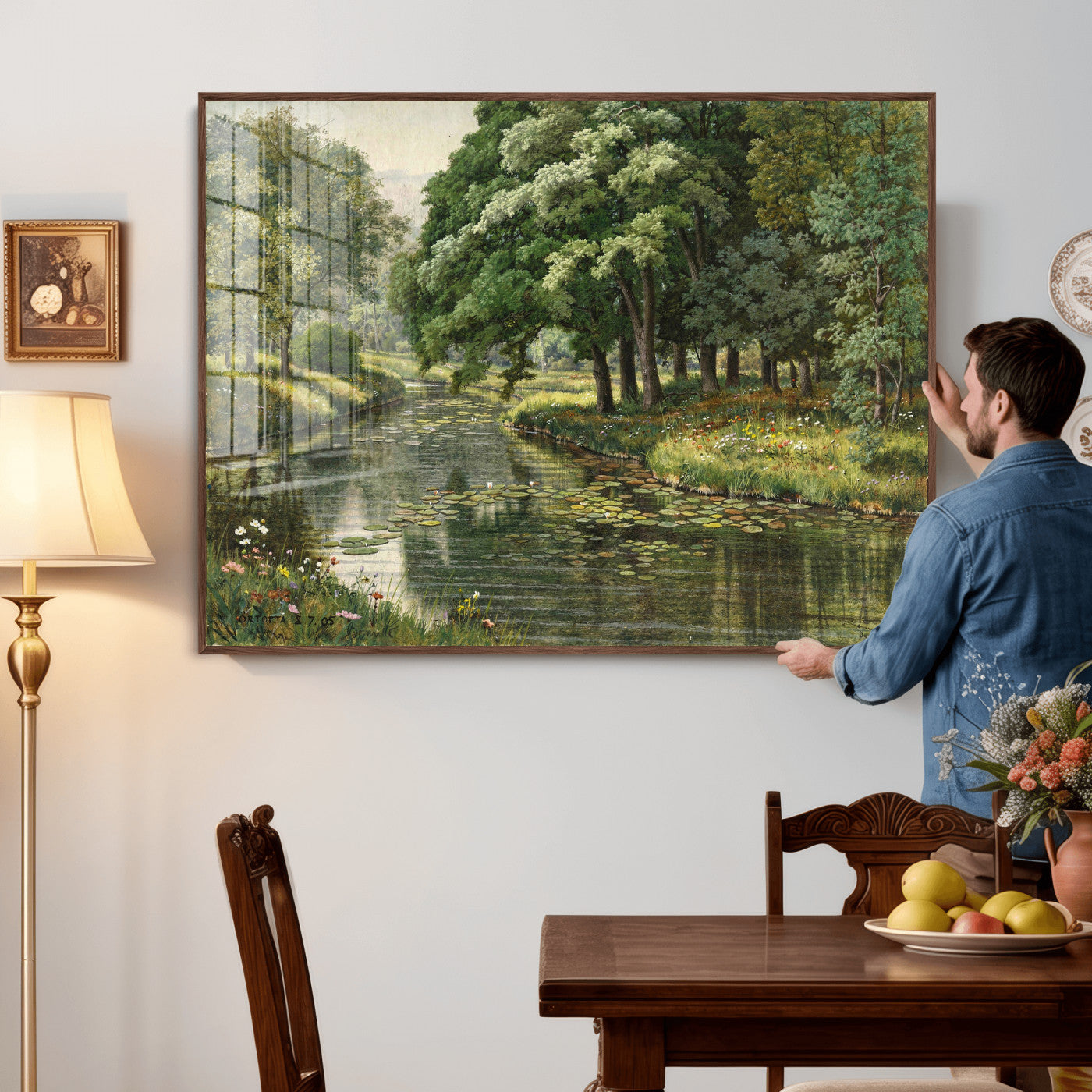 44288560-MGV-CV-36X24 - Forest Stream Canvas Wall Art, Peder Monsted A Forest Stream 1905 Print, Danish Realist Landscape, Lily Pad River Nature Decor, Vintage Green Painting