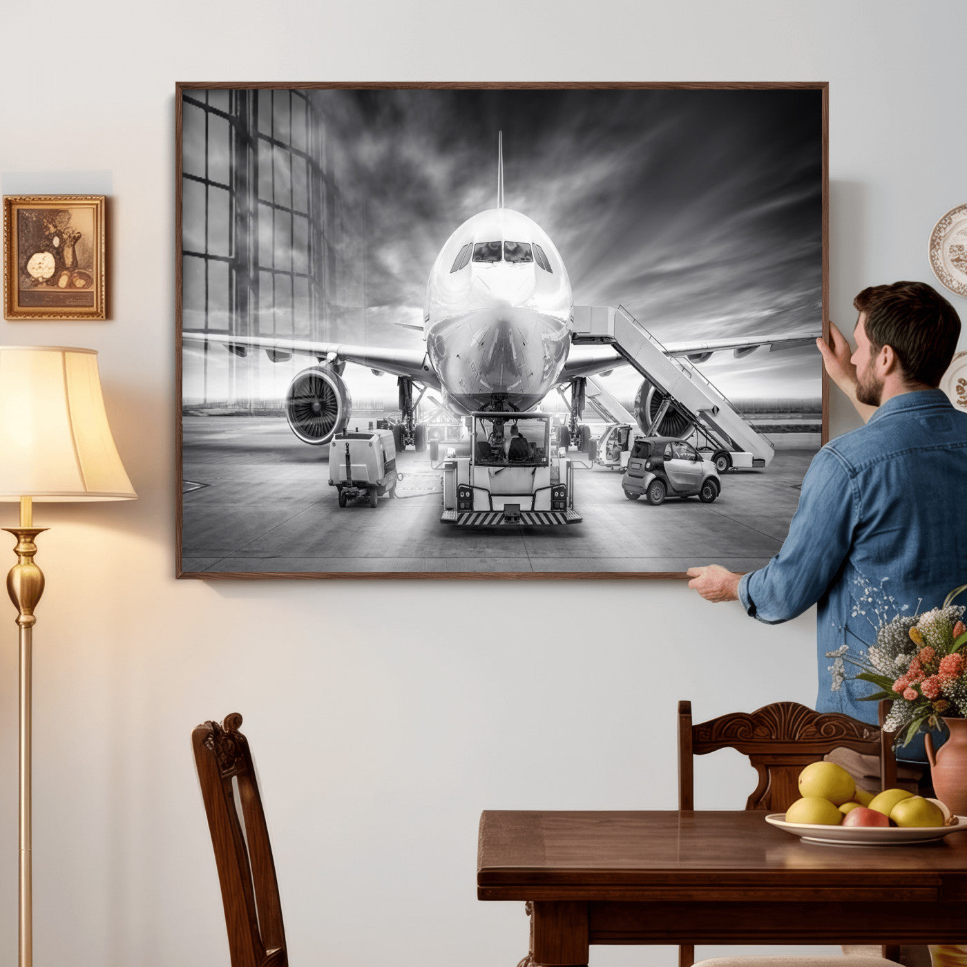 85885848-MGV-CV-36X24 - Airplane Wall Art Canvas Print, Black and White Jet Aircraft Airport Runway Framed Aviation Artwork for Pilot Office Hangar Travel Decor