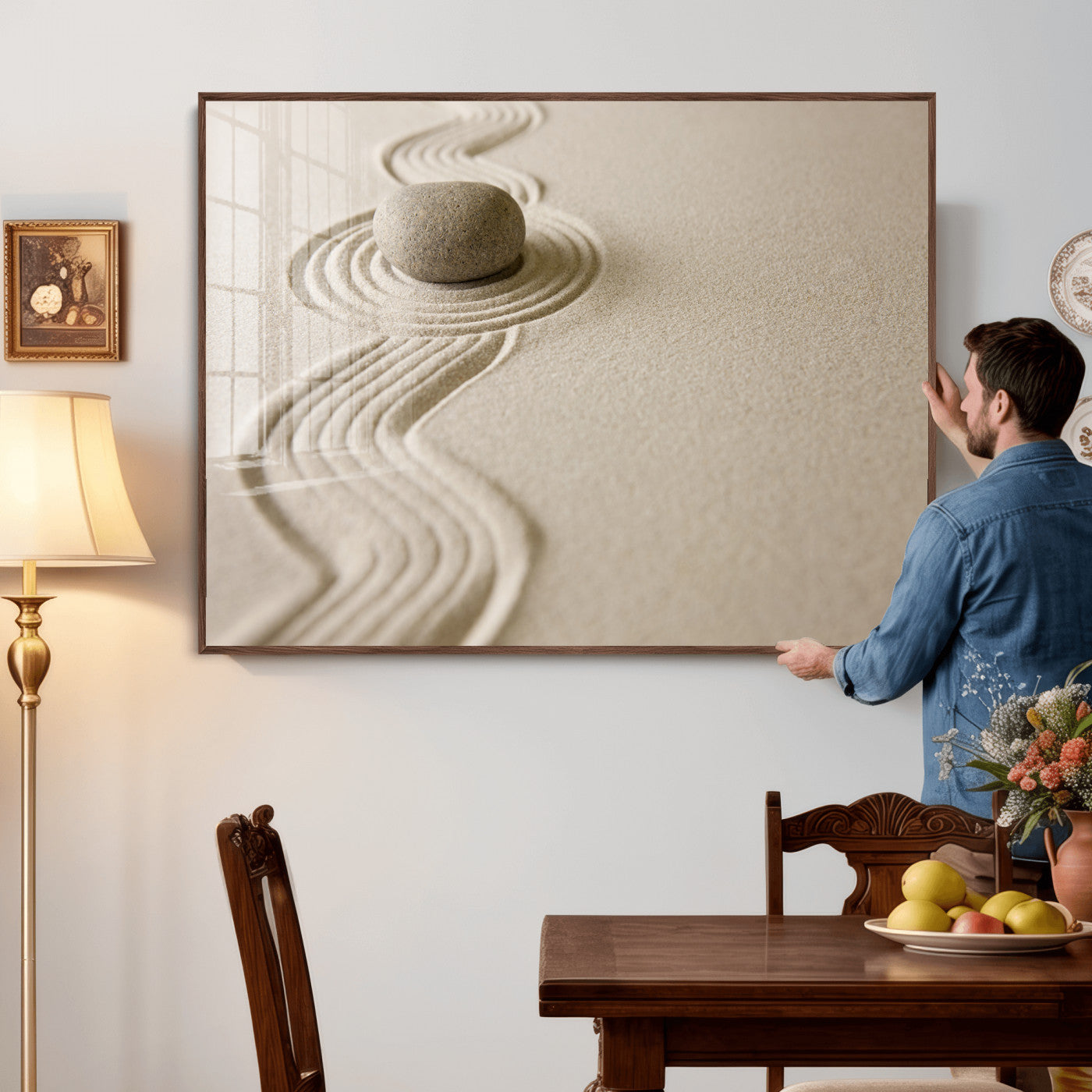 66852661-MGV-CV-36X24 - Zen Garden Stone Sand Canvas | Japanese Rock Garden Wall Art | Minimalist Meditation Print | Neutral Beige Mindfulness Decor