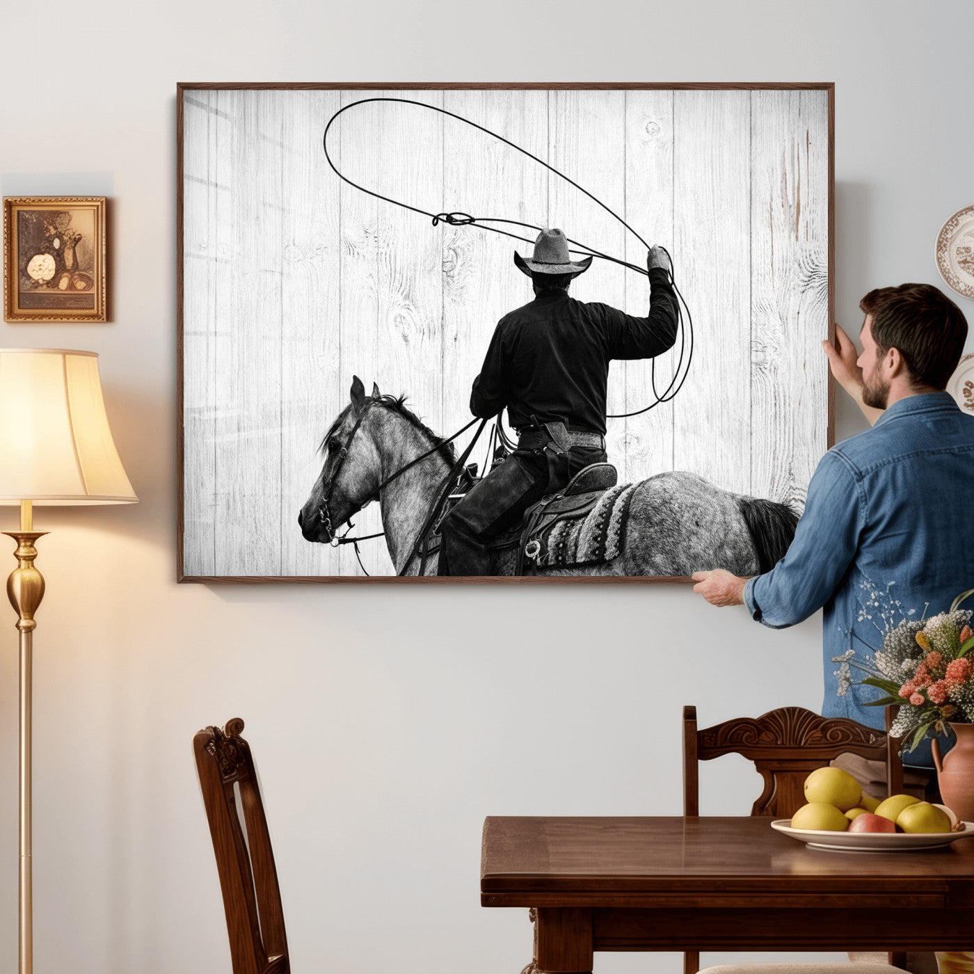 22569358-MGV-CV-36X24 - Cowboy Lasso Canvas Wall Art, Black White Western Horse Photo Print, Rustic Ranch Rodeo Decor, Farmhouse Western Art, Cowboy Gift for Him