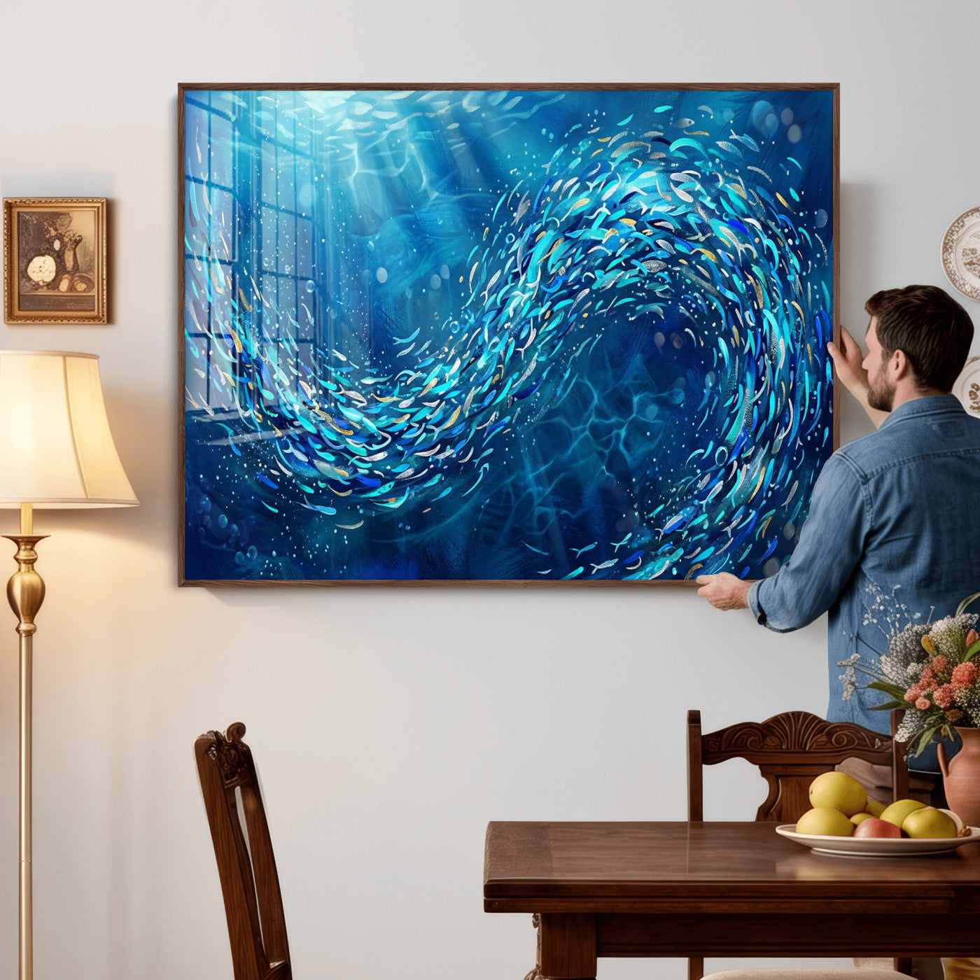 54535639-MGV-CV-36X24 - School of Fish Canvas Print | Blue Ocean Underwater Wall Art | Swirling Fish Shoal Illustration | Marine Navy Coastal Decor