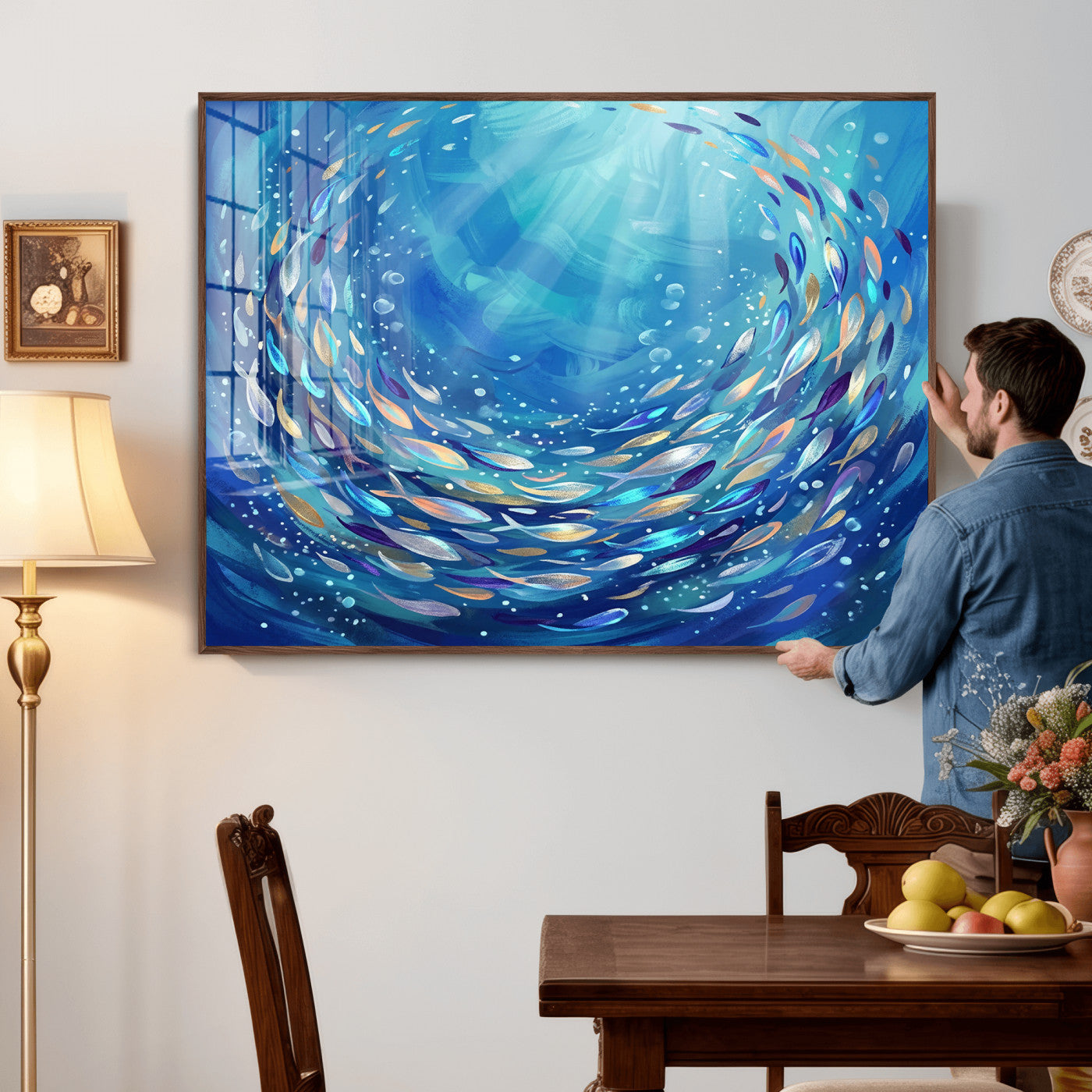 78699899-MGV-CV-36X24 - School of Fish Canvas Print | Blue Ocean Underwater Wall Art | Swirling Fish Shoal Illustration | Marine Navy Coastal Decor