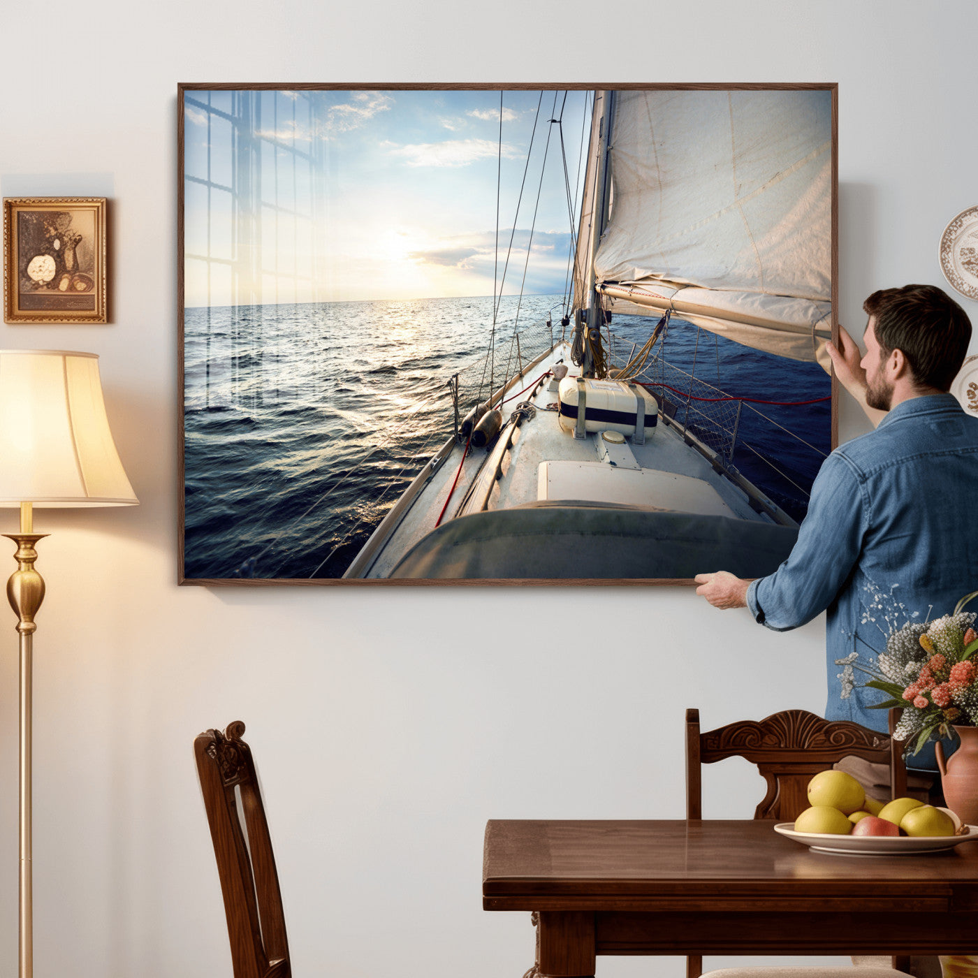 76381335-MGV-CV-36X24 - Sailboat Wall Art Canvas Print, Ocean Sunset Sailing Framed Artwork, Coastal Nautical Seascape Decor for Living Room Office Beach House