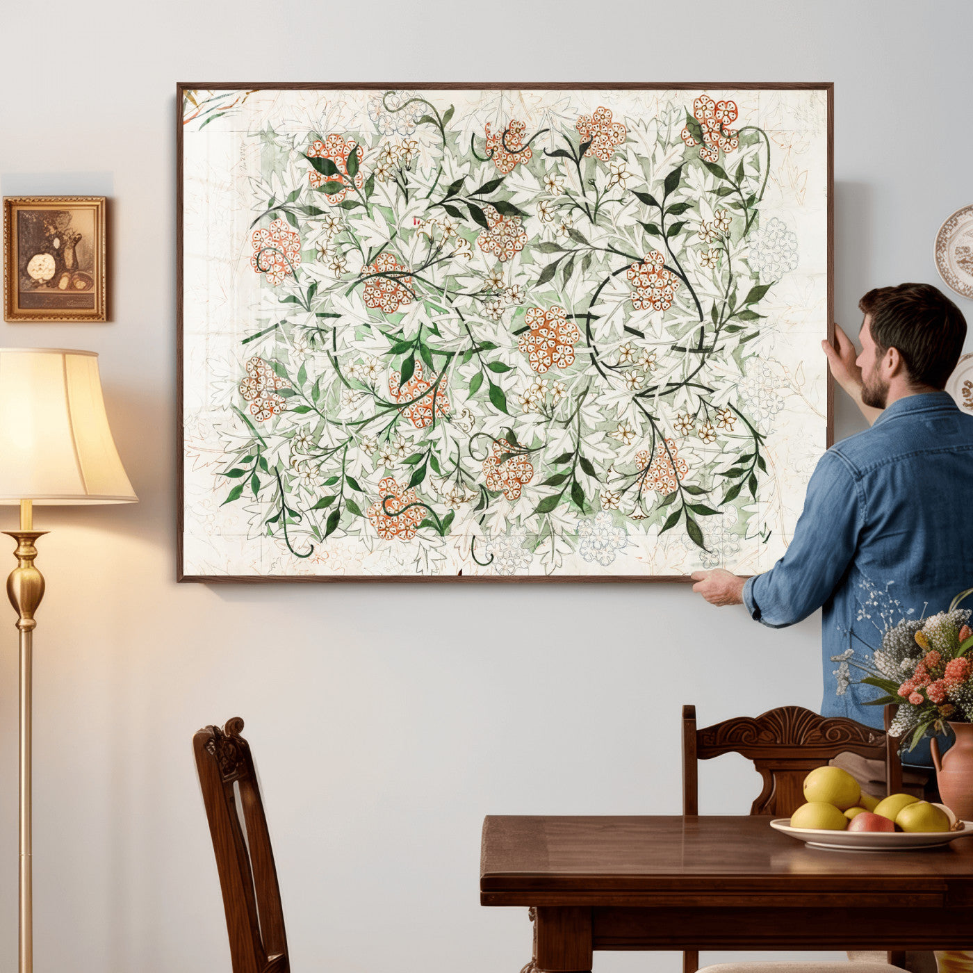 17622011W-MGV-CV-36X24 - William Morris Jasmine Flower Wall Art Canvas Print, Botanical Floral Canvas Print, Vintage Cottagecore Wall Decor, Framed Nature Artwork Ready to Hang