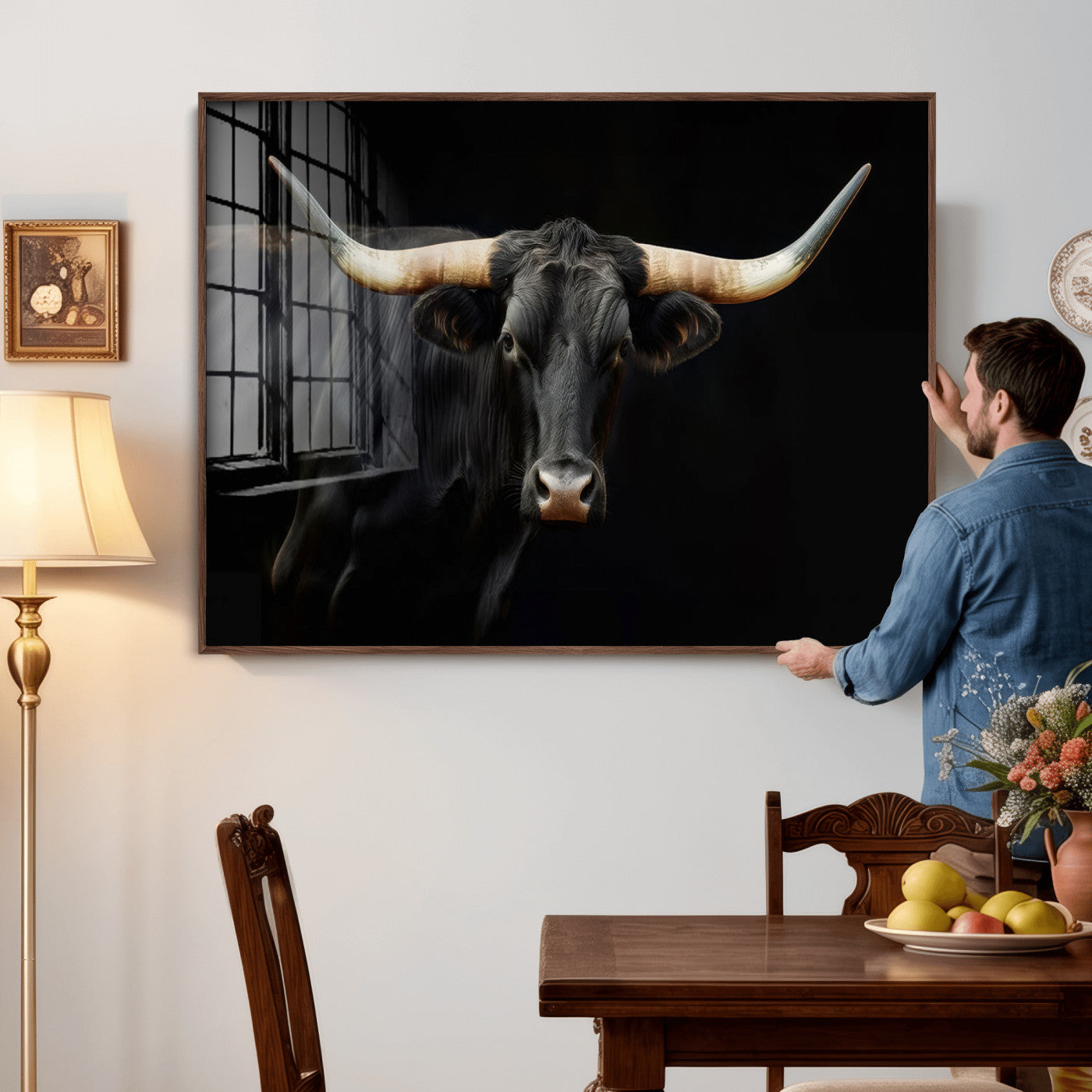 63798-MGV-CV-36X24 - Texas Longhorn Cow | Majestic Black Bull Wall Art Canvas Print - Farmhouse Animal Decor - Ready to