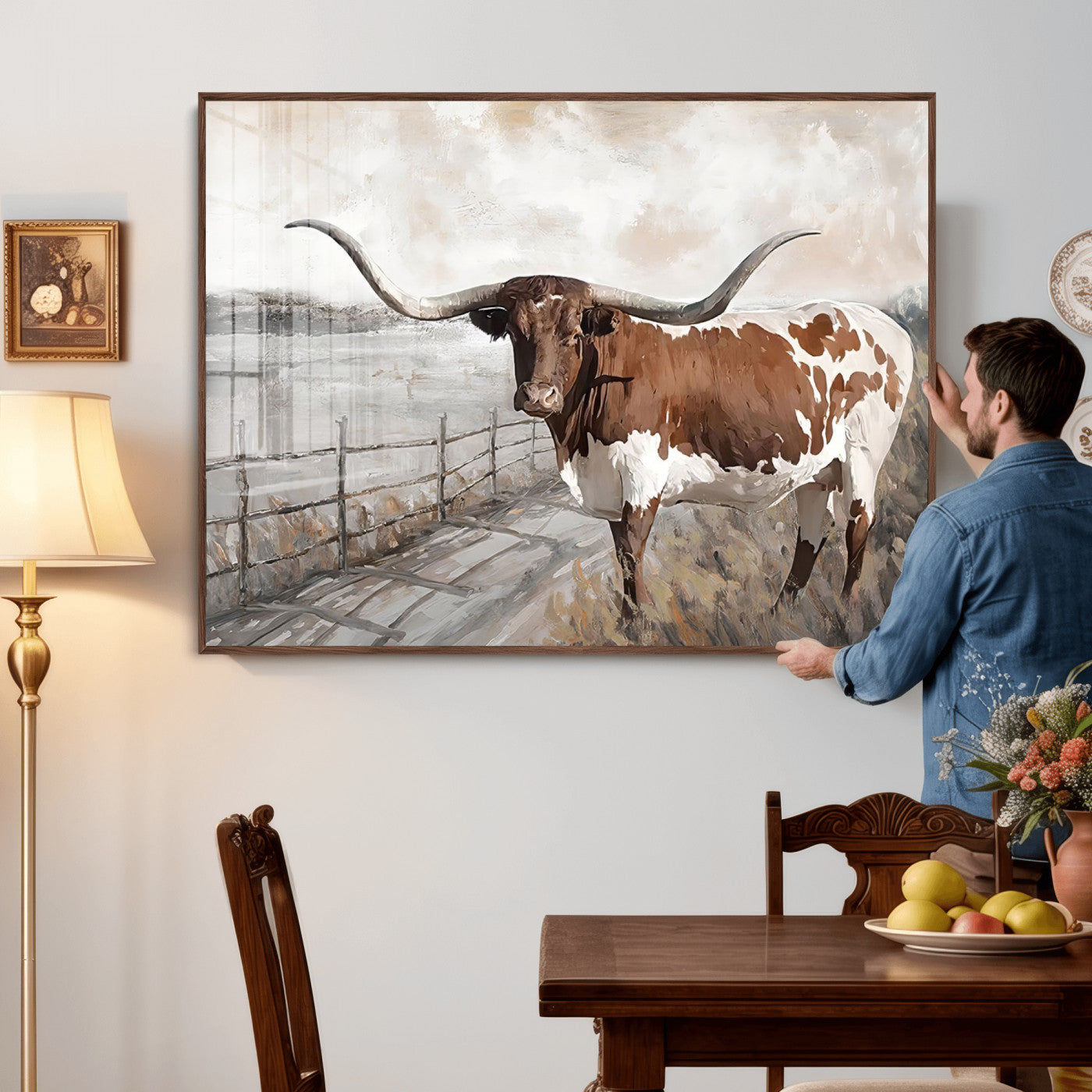 57340-MGV-CV-36X24 - Vintage Texas Cow Wall Art Canvas Print, Rustic Longhorn Wall Art | Canvas Print for Farmhouse Decor