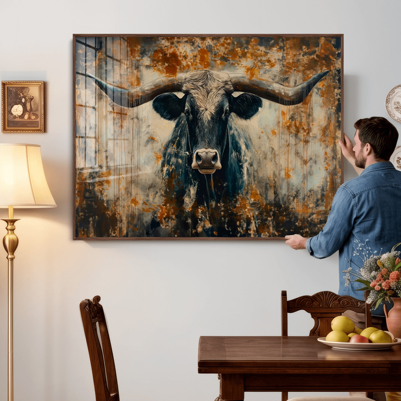 85913-MGV-CV-36X24 - Abstract Longhorn Bull Wall Art | Rustic Western Wall Decor | Framed and Ready to Hang | Ideal for