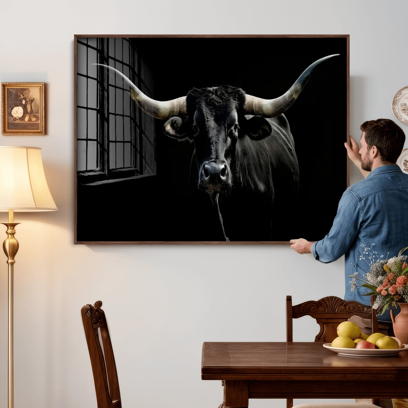 20679-MGV-CV-36X24 - Texas Black Longhorn Bull Wall Art Canvas Print - Western Texas Cattle Rustic Decor Print - Longhorn
