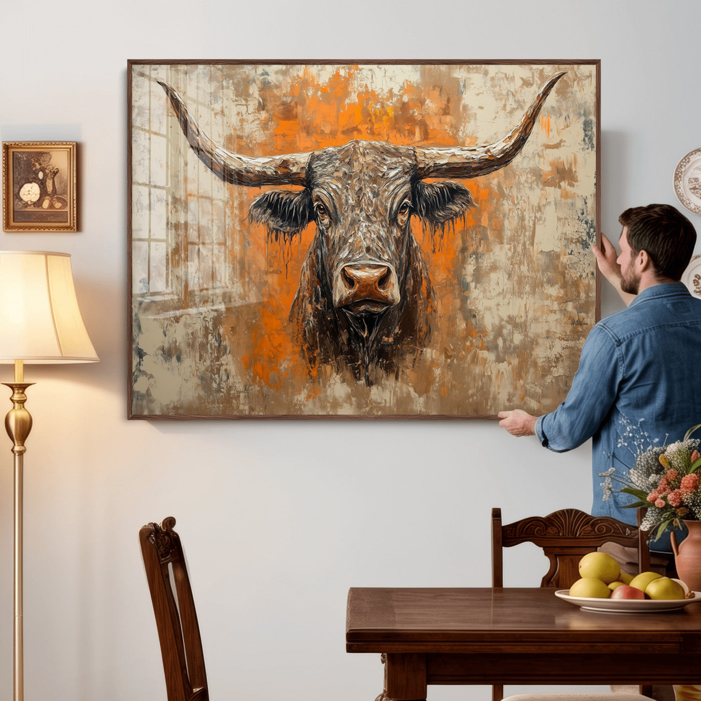 49976-MGV-CV-36X24 - Abstract Cow Longhorn Bull Wall Art Canvas Print - Rustic Texas Western Cattle Artwork