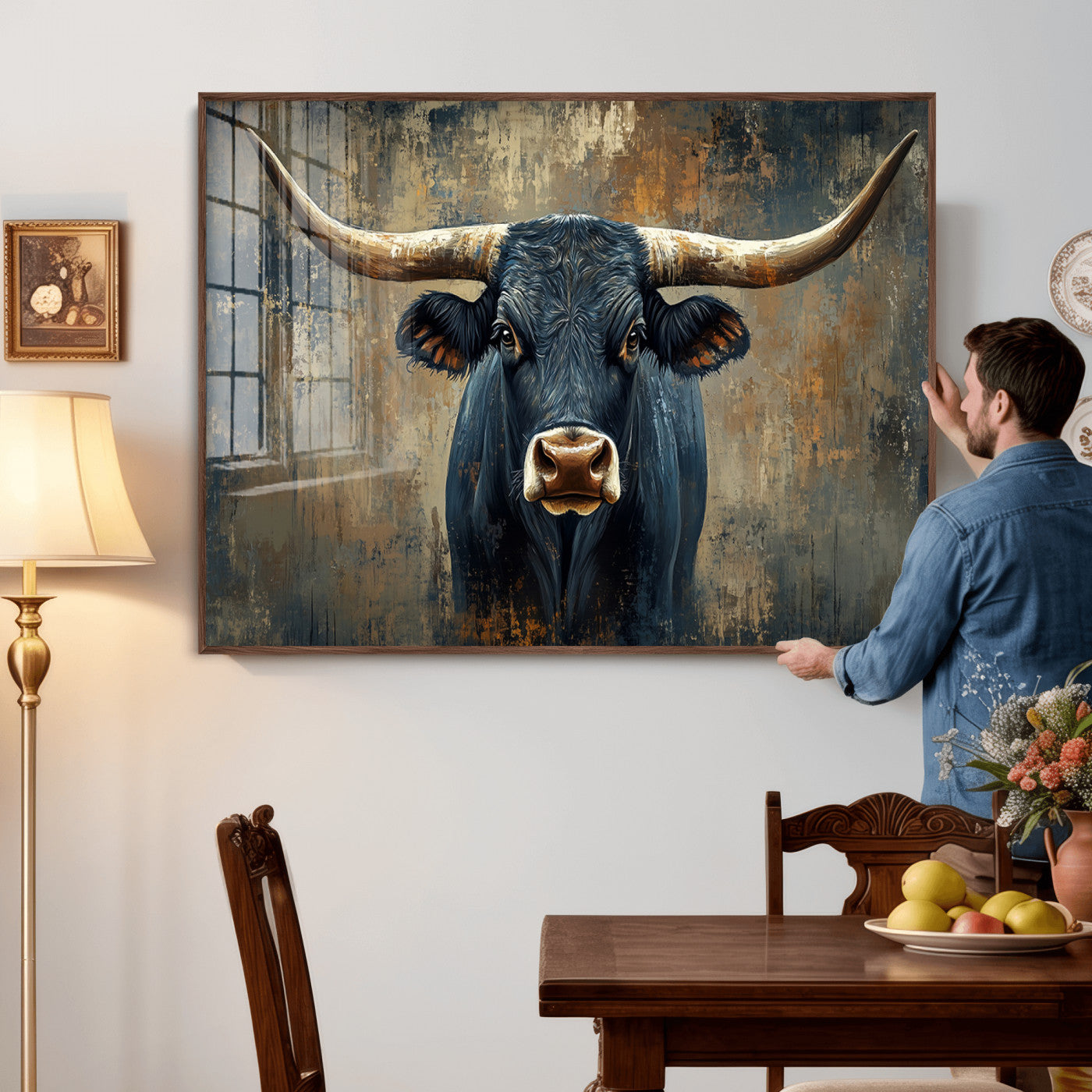 42026-MGV-CV-36X24 - Texas Western Wall Art Canvas Print - Abstract Cow Longhorn Bull Wall Art Canvas Print - Rustic Cow