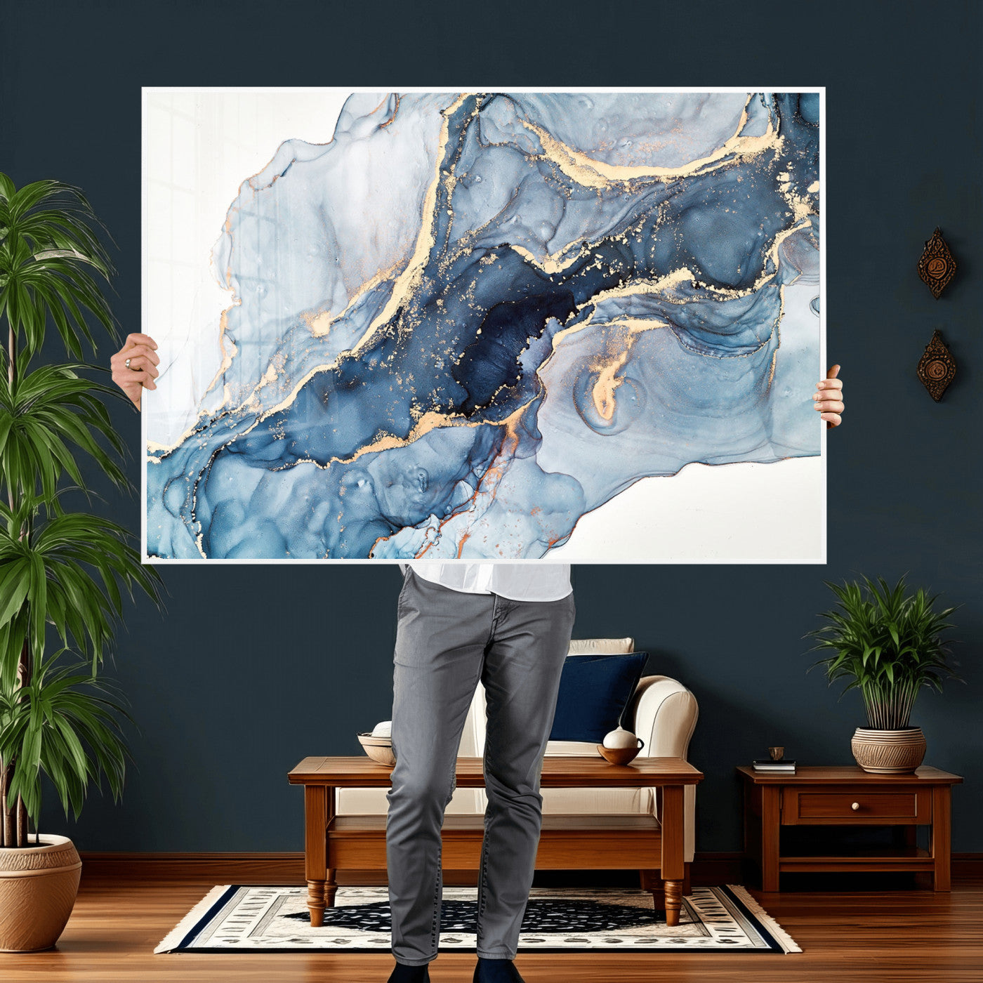 33782-MGV-CV-36X24 - Abstract Art Print - Blue Abstract Canvas Wall Art Print Abstract Art Fluid Effect Marble Wall Art