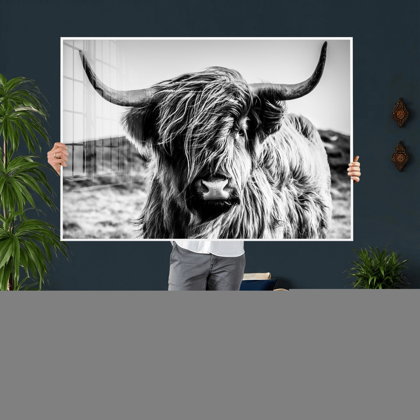 36979-MGV-CV-36X24 - Handsome Scottish Cow Black and White Wall Decor Canvas Art Print Extra Large Wall Art Highland Cattle Canvas Picture Animal Art Nature Photography High Quality Original Canvas Framed Ready to Hang