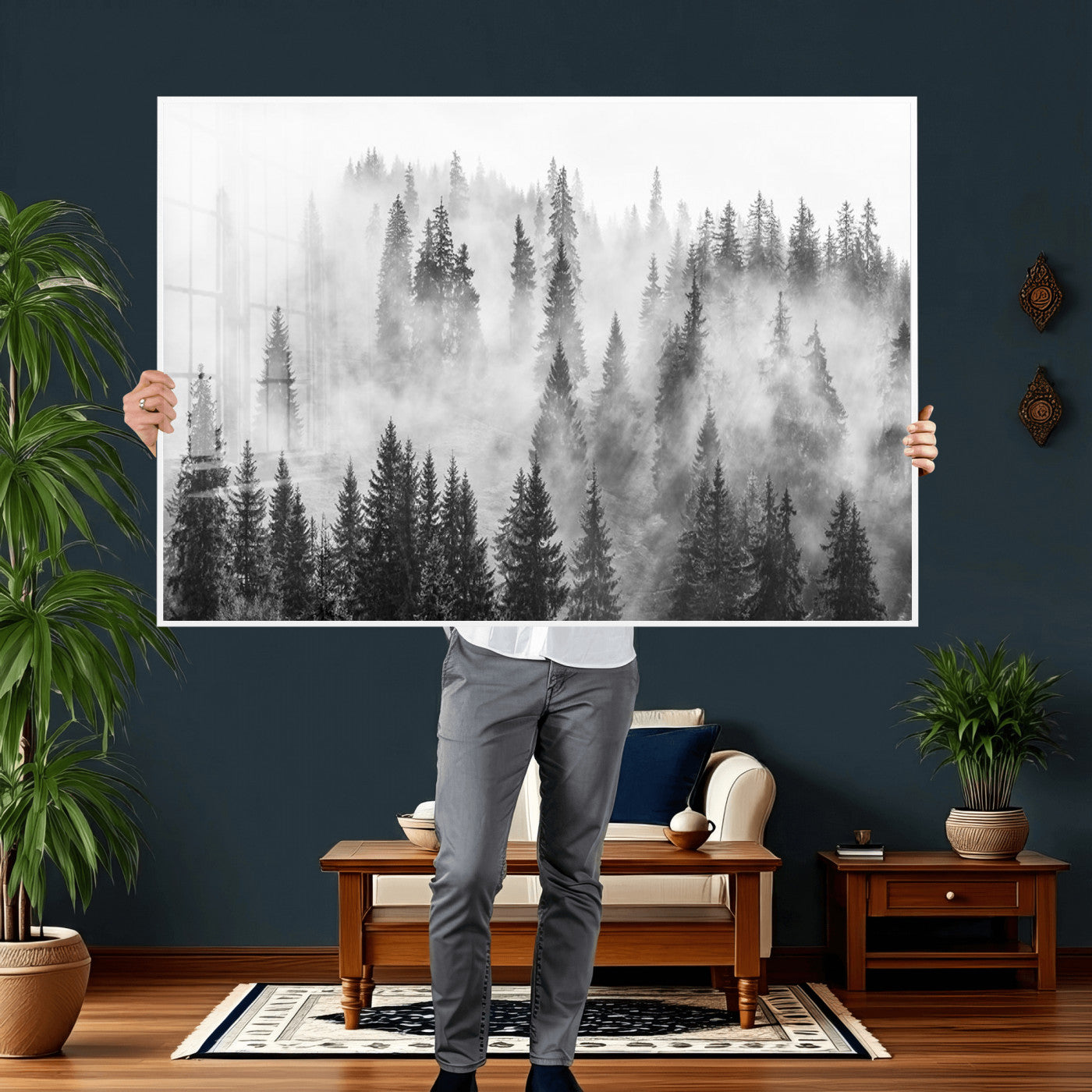 10422-MGV-CV-36X24 - Forest Wall Art Print | Foggy Pine Forest Canvas Wall Art - Black and White Nature Decor for Living