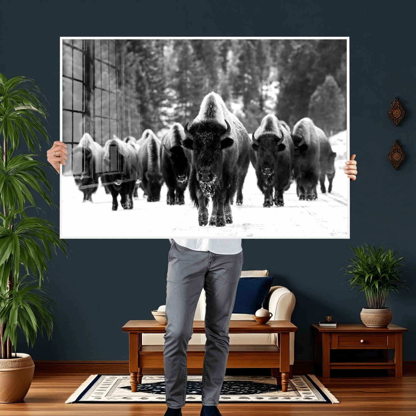 62434-MGV-CV-36X24 - Bison Herd in Snow Wall Art Canvas Print | Rustic Western Bison Wall Art for Decor for Living Room,