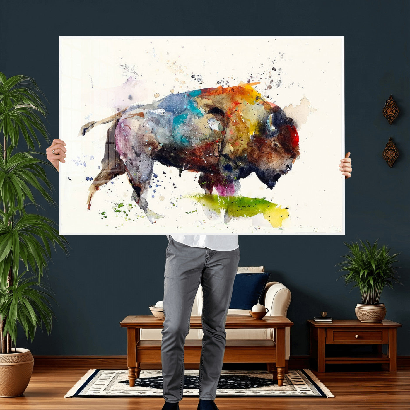 44504-MGV-CV-36X24 - Abstract Buffalo Wall Art, Western Watercolor Bison Canvas Print, Rustic Buffalo Art for Cowboy and