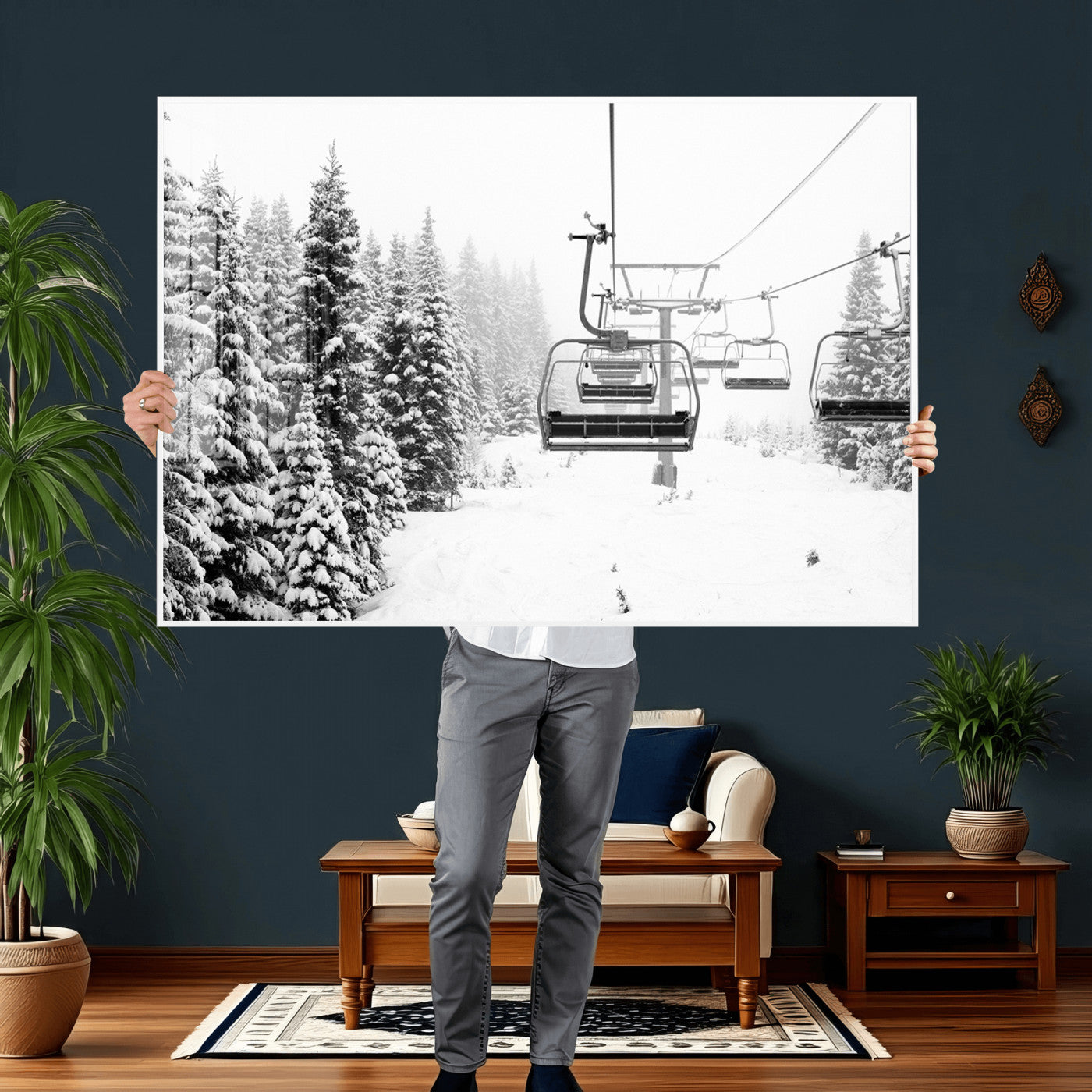 70609-MGV-CV-36X24 - Winter Forest Wall Art Canvas Print, Framed Snowy Forest Art Picture Print, Winter Ski Lift Perfect