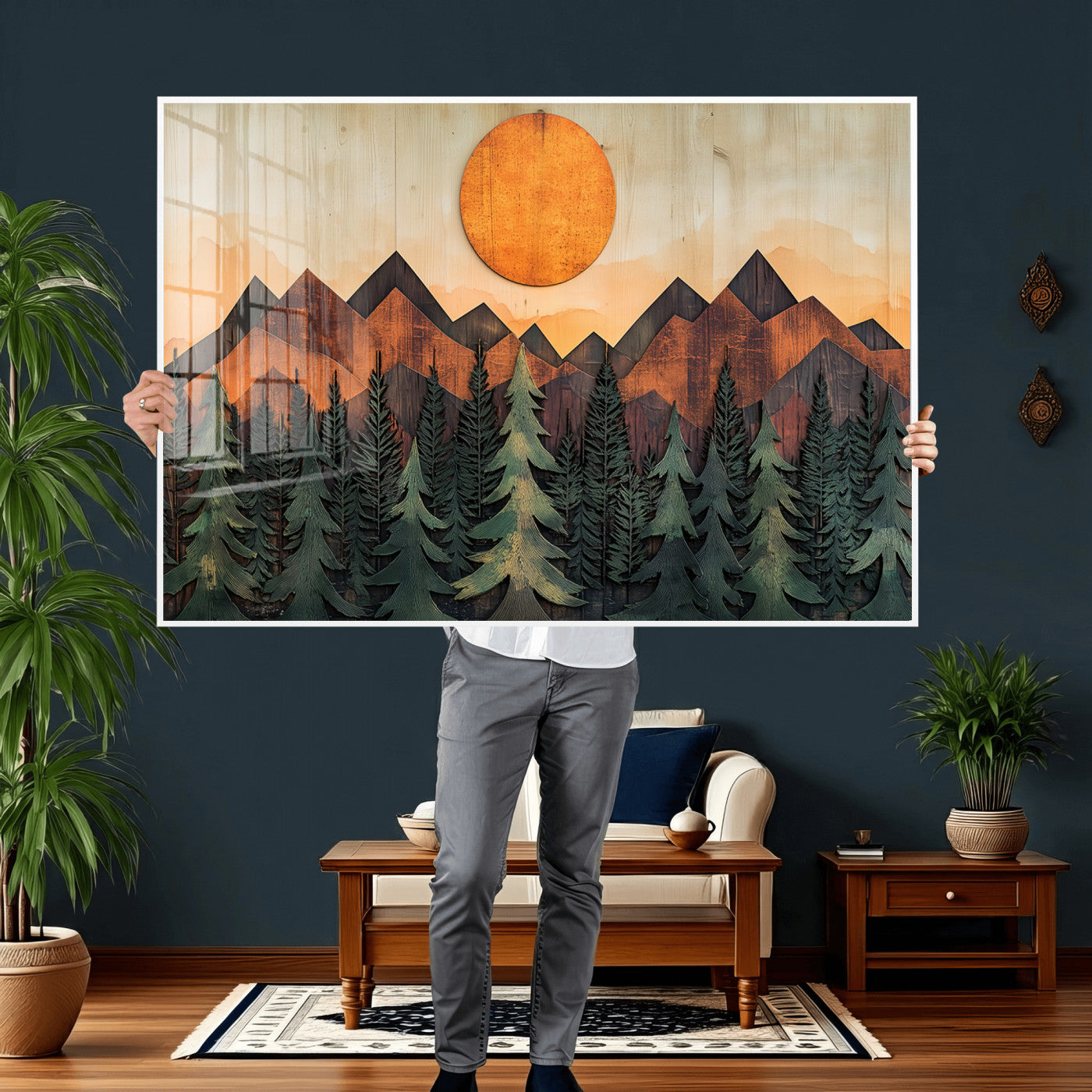 77739-MGV-CV-36X24 - Wood Style Sunset Mountain Landscape Canvas Wall Art Print - Nature Decor for Living Room, Office