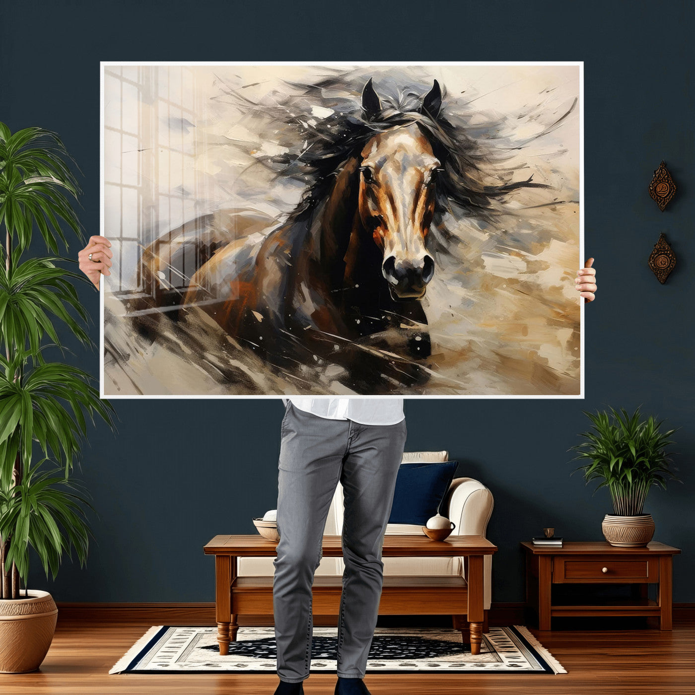 53001-MGV-CV-36X24 - Abstract Wall Art Horse Print - Large Western Horse Canvas - Farmhouse Woodland Wall Art - Framed