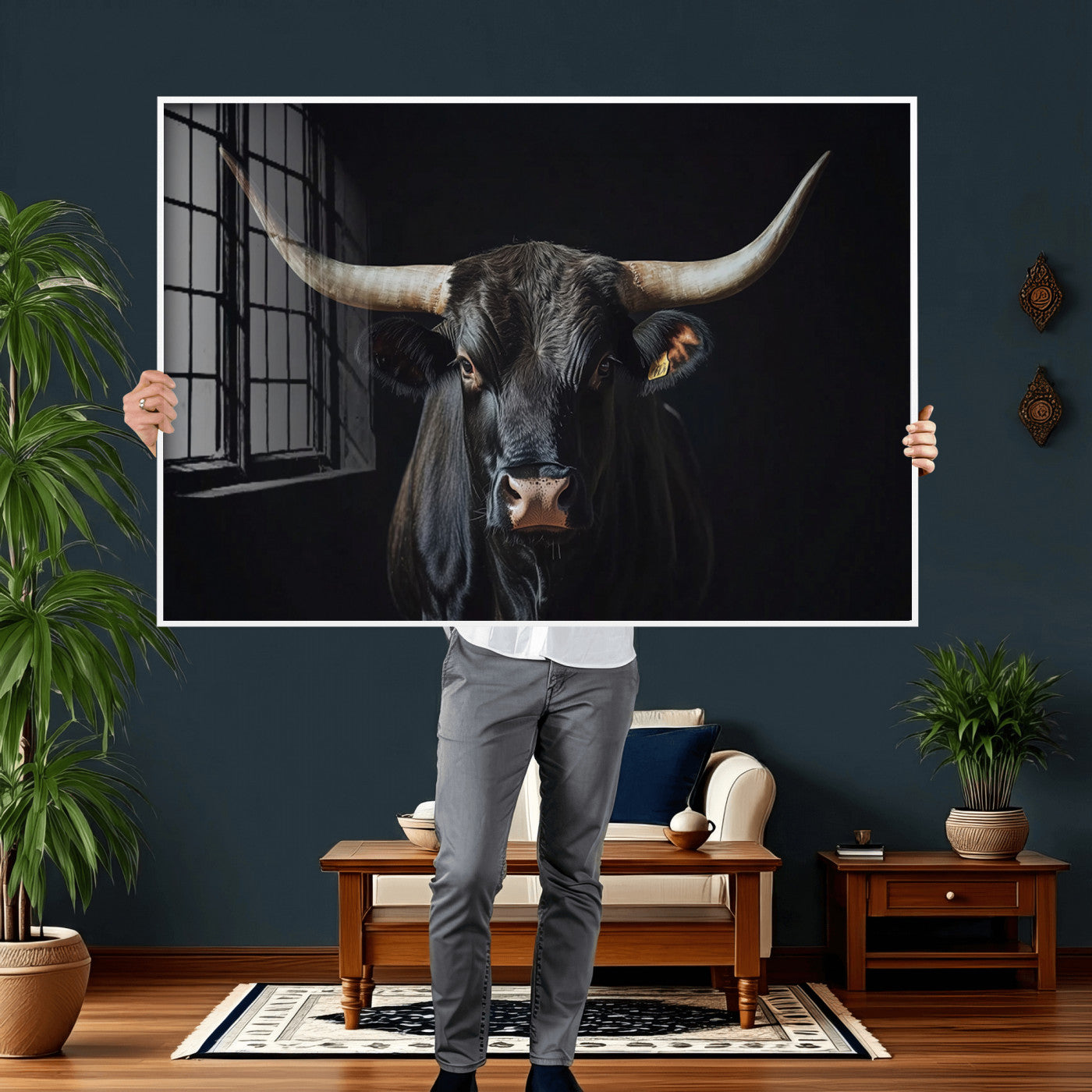 48065167-MGV-CV-36X24 - Texas Longhorn Bull Wall Art Canvas Print – Western Black Bull Art Print for Farmhouse Ranch Decor