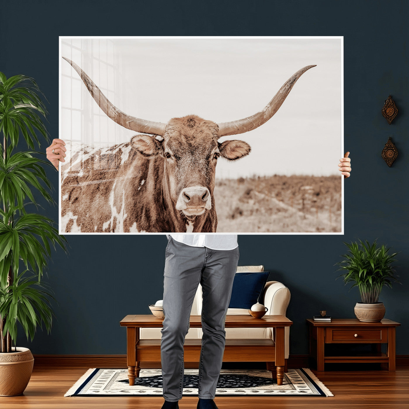 39964150-MGV-CV-36X24 - Longhorn Cow Wall Art Canvas Print, Texas Ranch Print, Framed Western Bull Art Print, Large BigHorn Cowboy Printing Perfect for County Decor