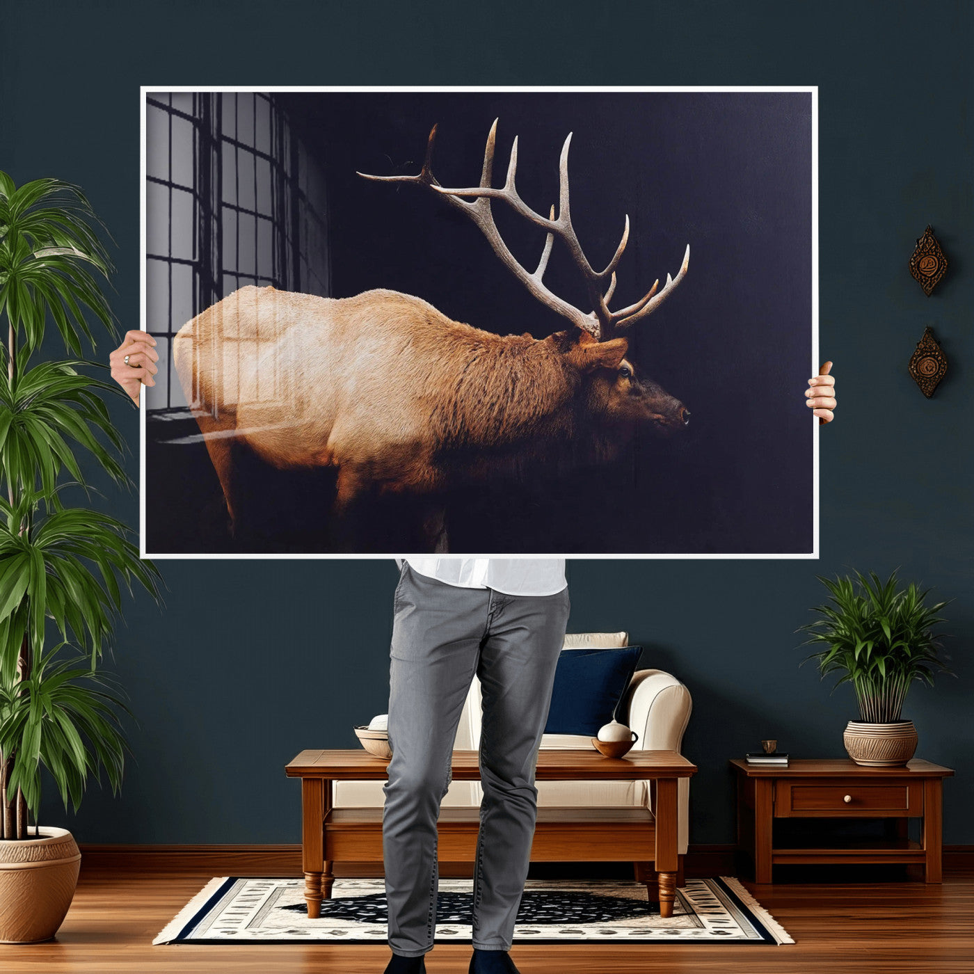 89239257-MGV-CV-36X24 - Rustic Elk Wall Art Canvas Print – Framed Moody Wildlife Art Picture Western Animal Artwork for Home, Office Decor
