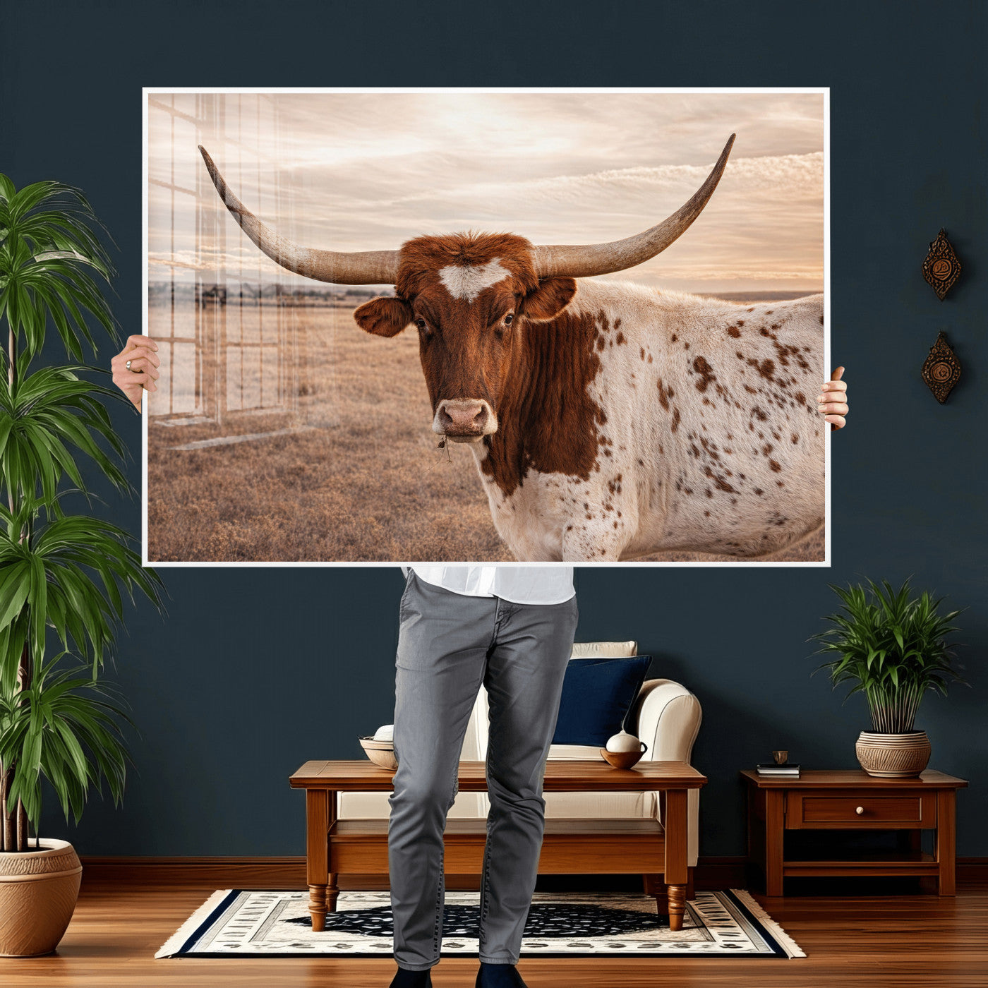 95745718-MGV-CV-36X24 - Longhorn Cow Wall Art – Texas Bull Canvas Print, Rustic Farm Cattle Photography, Western Animal Decor for Country Home, Living Room or Game Room