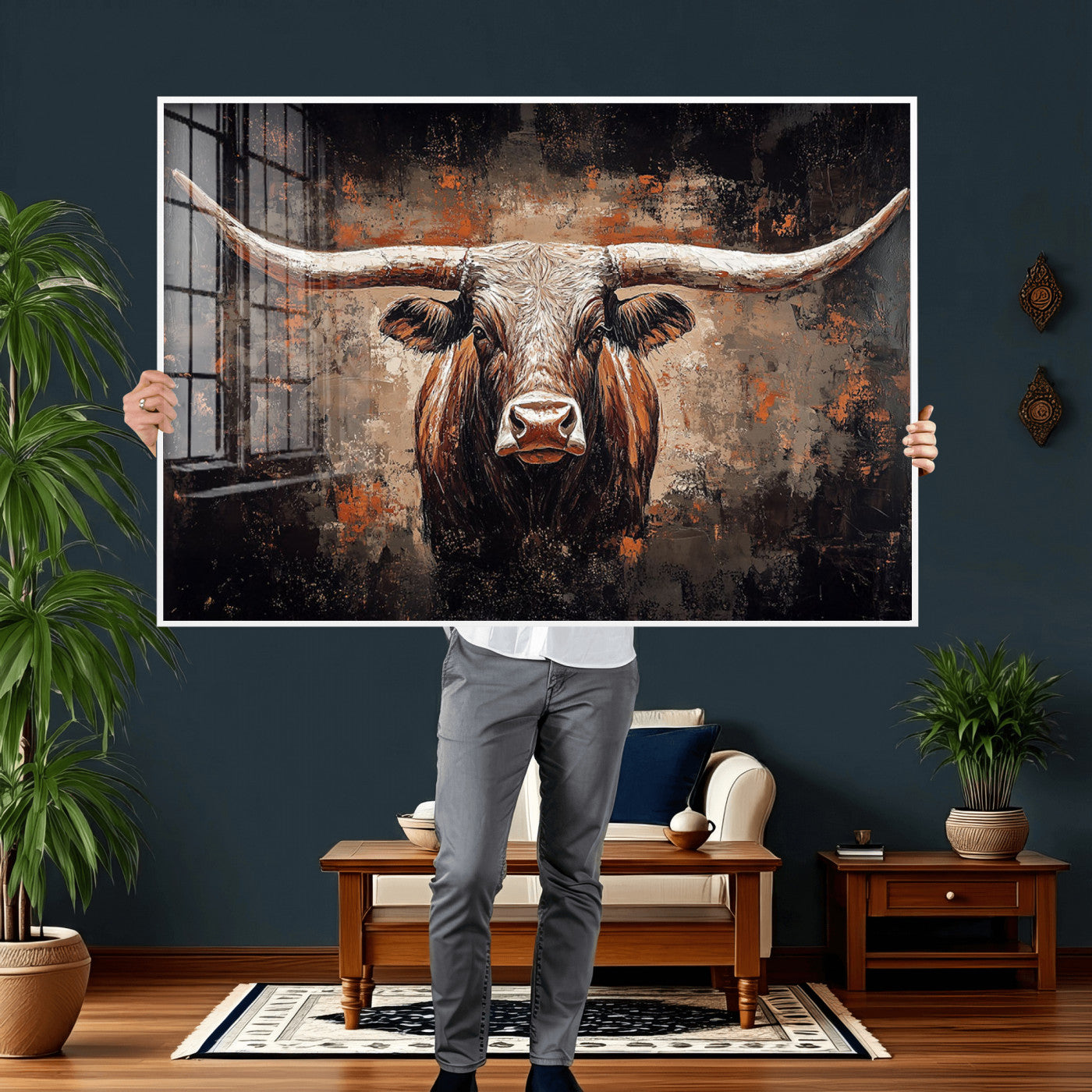 24779067-MGV-CV-36X24 - Rustic Longhorn Bull Wall Art Canvas Print – Vintage Western Cattle Painting, Texas Steer Artwork